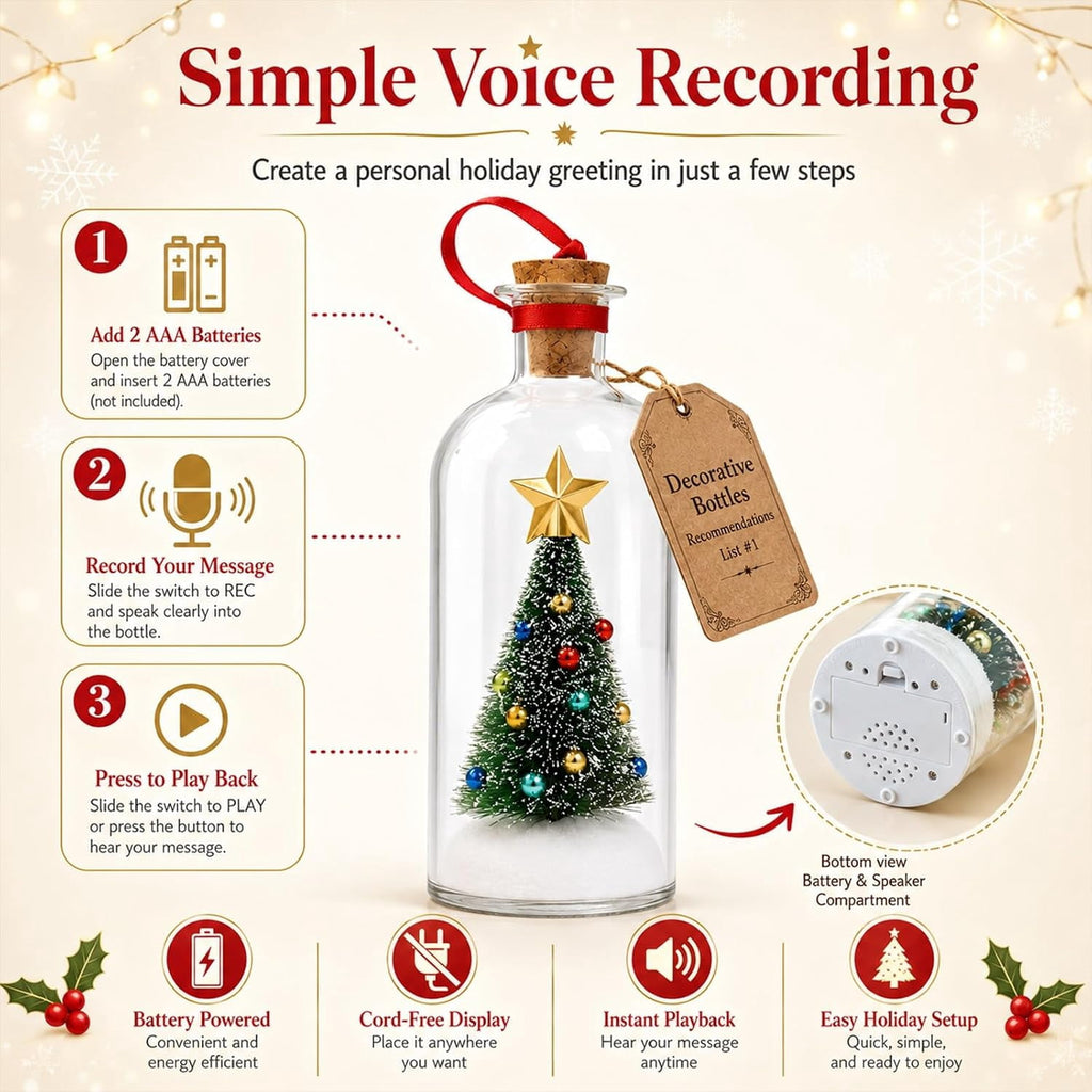 JASKFLY Recordable Christmas Tree Message in a Bottle, Voice Recording Holiday Keepsake with Playback, Snowy Scene, Glass, Green, 1 Count