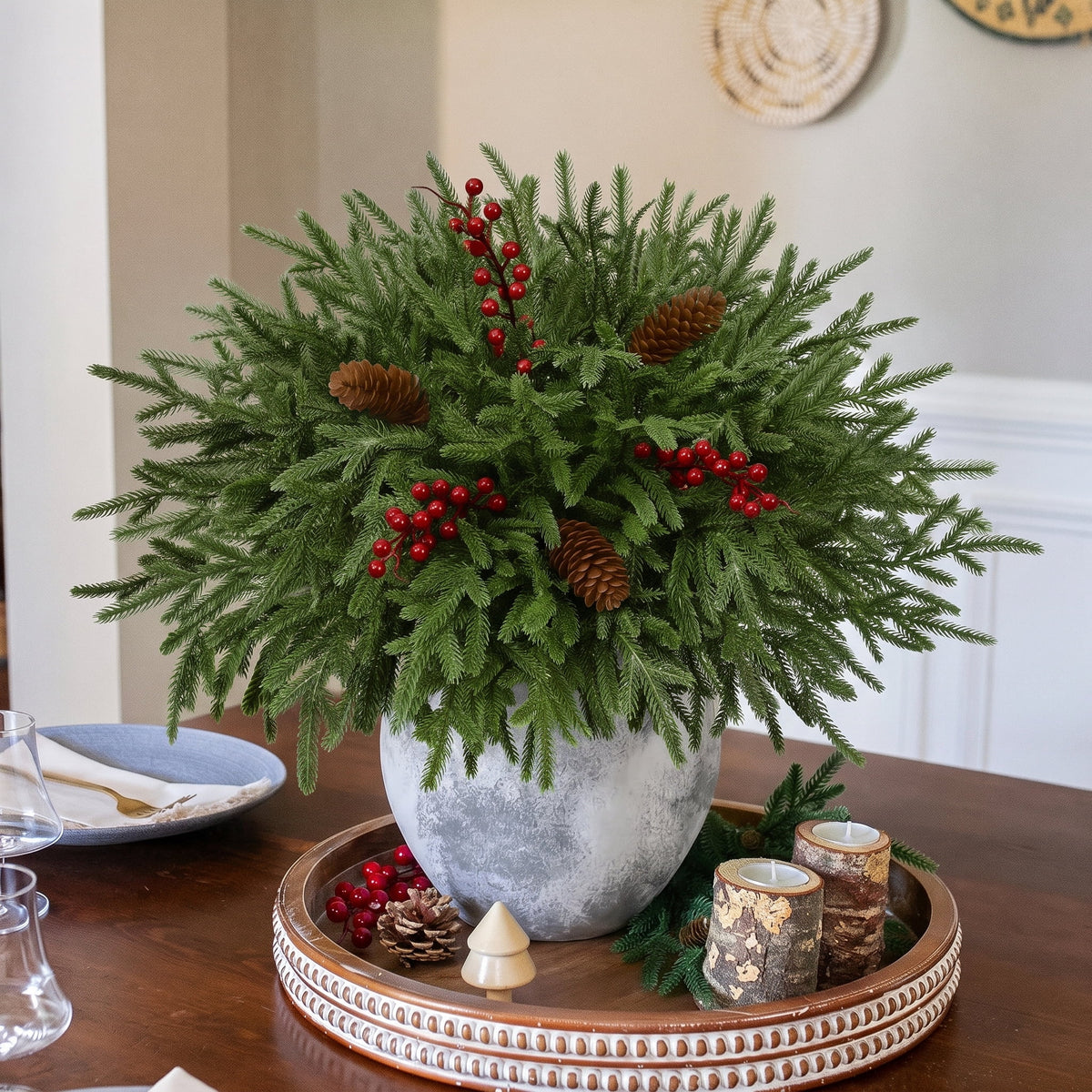 Waipfaru Artificial Christmas Norfolk Pine Branches with Lights,16 Pcs Fake Evergreen Real Touch Greenery Stem for Xmas Holiday Winter Table Indoor Decor
