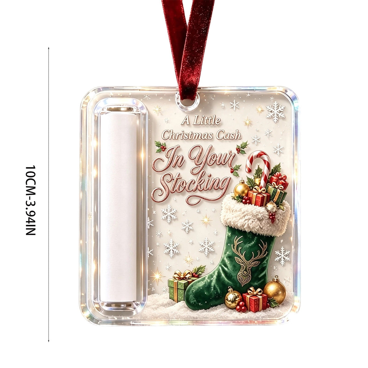 Christmas Cash Gift Stocking Shaped Ornament, Crystal-Clear Cash Holder Ornament with Xmas Stocking Design, Hanging Money Keepsake for Christmas Tree Wreath Garland, Surprise for Family Friends (F)
