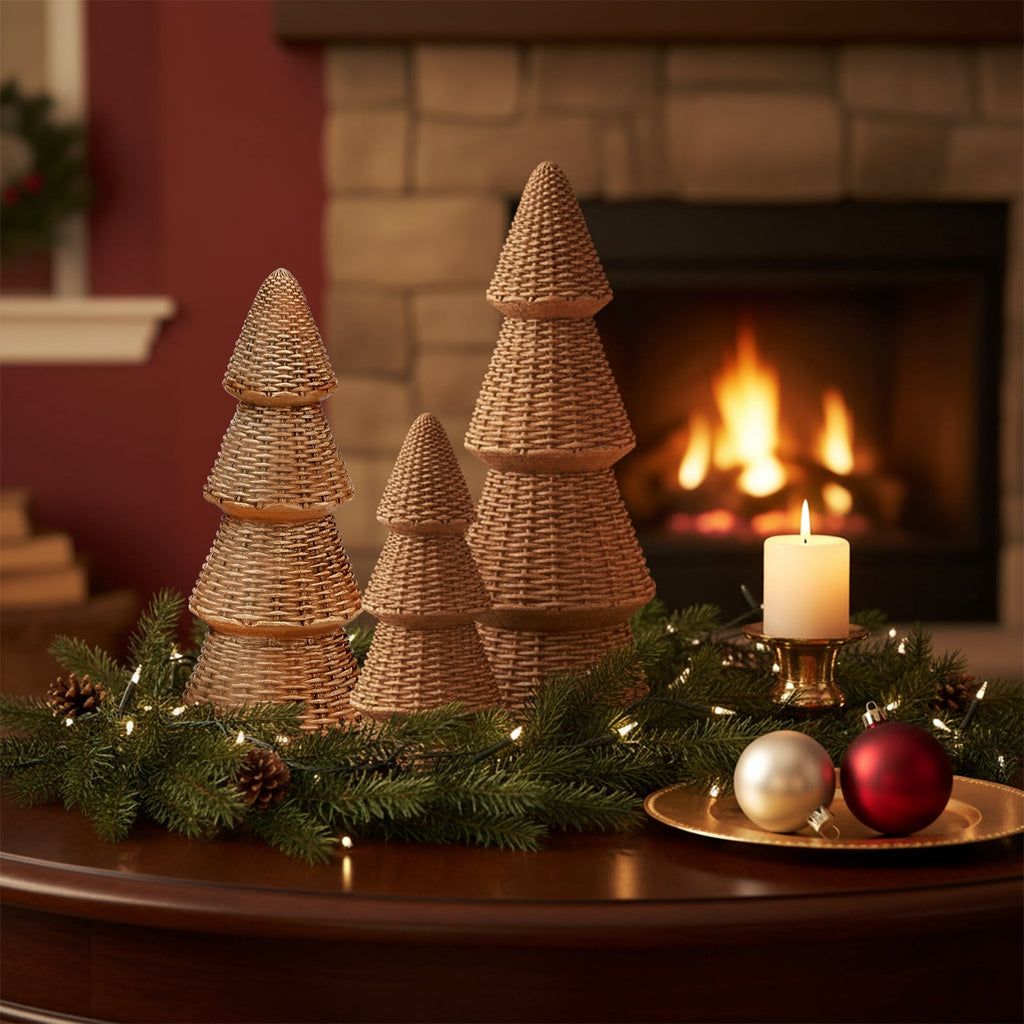 Ayieyill 3pcs Tabletop Christmas Tree Woven Resin Christmas Trees for Christmas Decor Indoor, Christmas Table Decor, Khaki