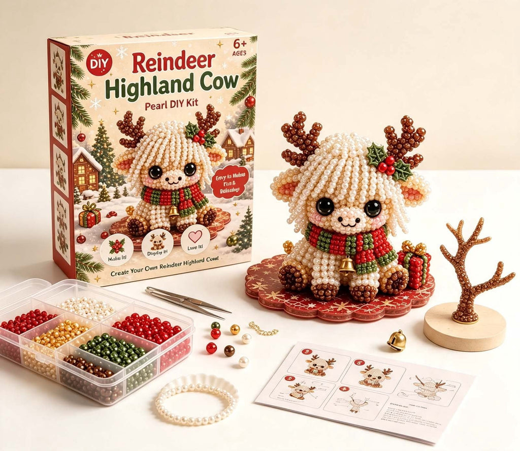 MYUNNIL Christmas Highland Cow 3D Pearl Bead Kit, Small Cute Beginner Friendly Complete Animal Themed Handcraft Set, Fun Whimsical Decorative Ornament for Home Decor & Holiday Gift, ( Xmas Tree )