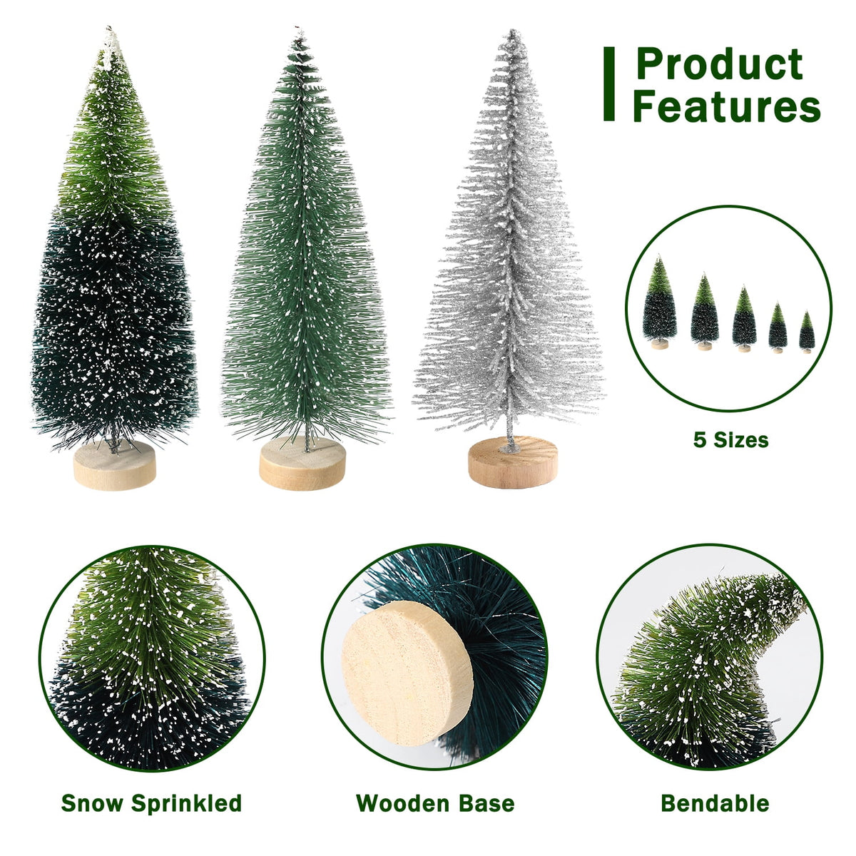 Ayieyill 30PCS Artificial Mini Christmas Trees, Upgrade Sisal Pine Trees with Wood Base Bottle Brush Trees for Christmas Table Top Decor(Green, Gold and Ivory)