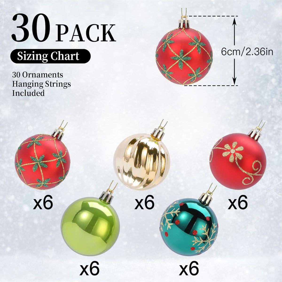 30ct Christmas Ball Ornaments, 2.36 in Shatterproof Xmas Tree Decorations, Plastic Baubles for Holiday, Party, Wedding, or Home Decor, Red & Gold