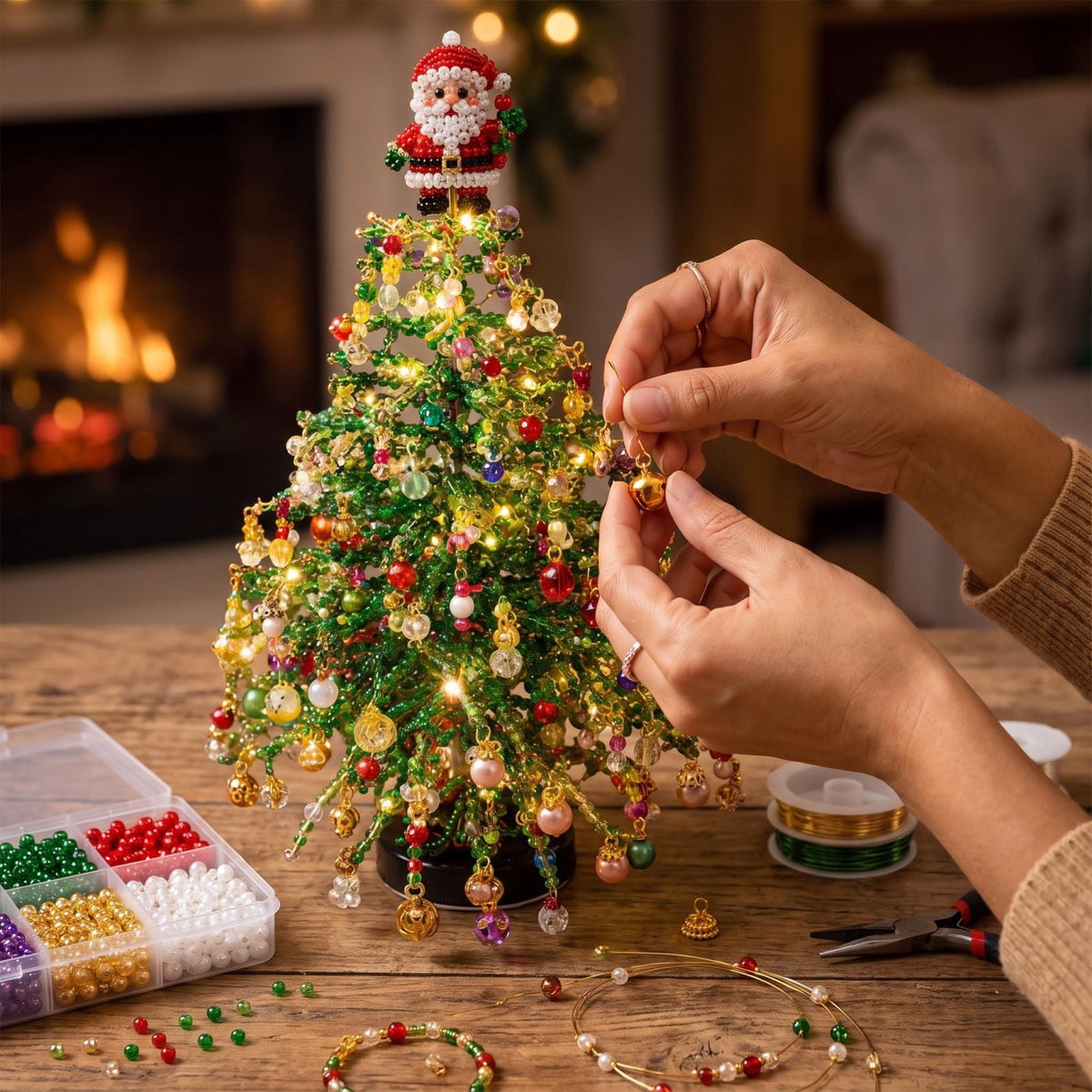Clearance DIY Beaded Christmas Tree Kit, Crystal Holiday Craft Set for Adults, Colorful Beads, Ornament Charms, Metal Frame, Warm Glow Display, Tabletop Decor, Christmas Gift (Classic)