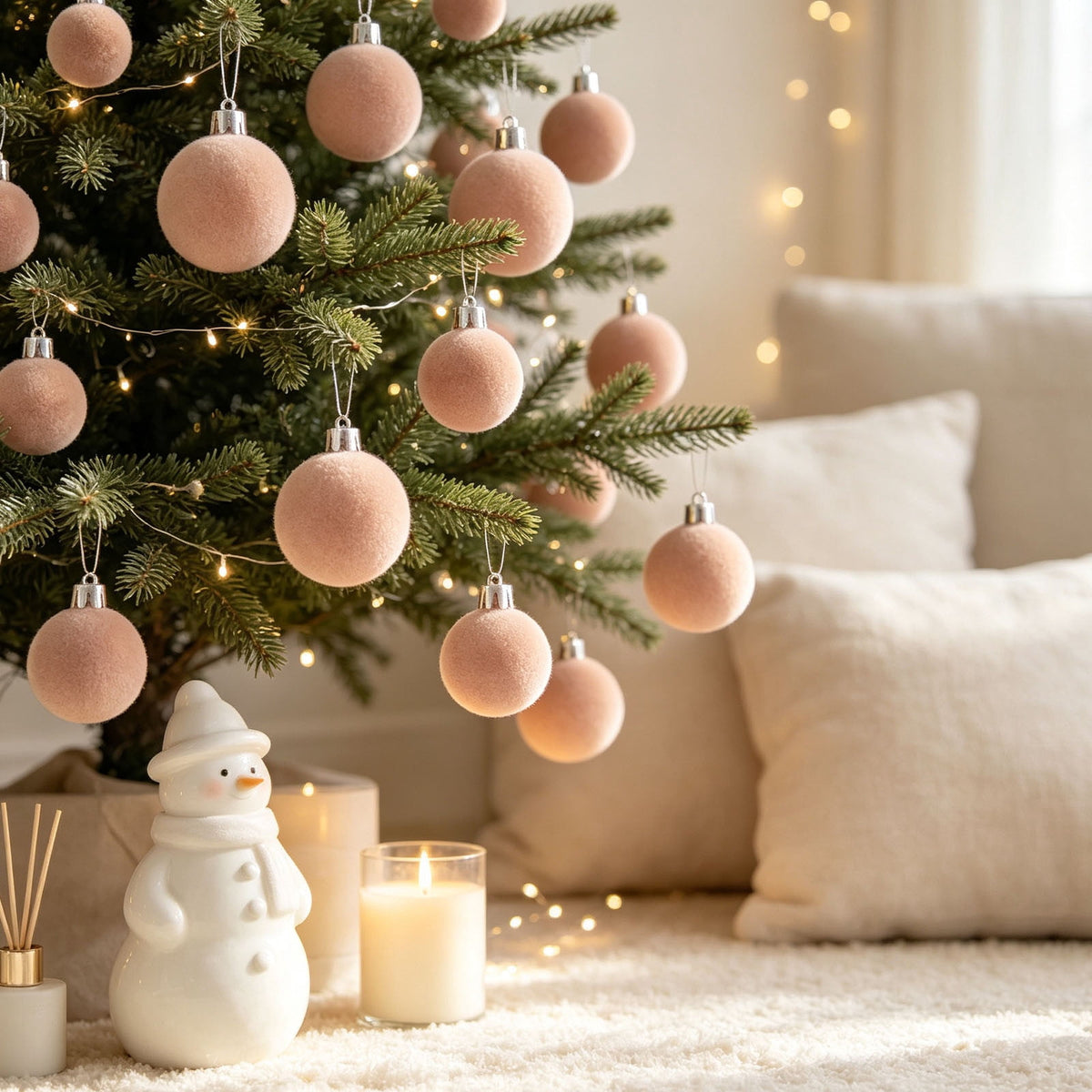 Christmas Ball Ornaments 42 Piece Flocked Gold Tan Velvet Assorted Box Set Tree Hanging Baubles