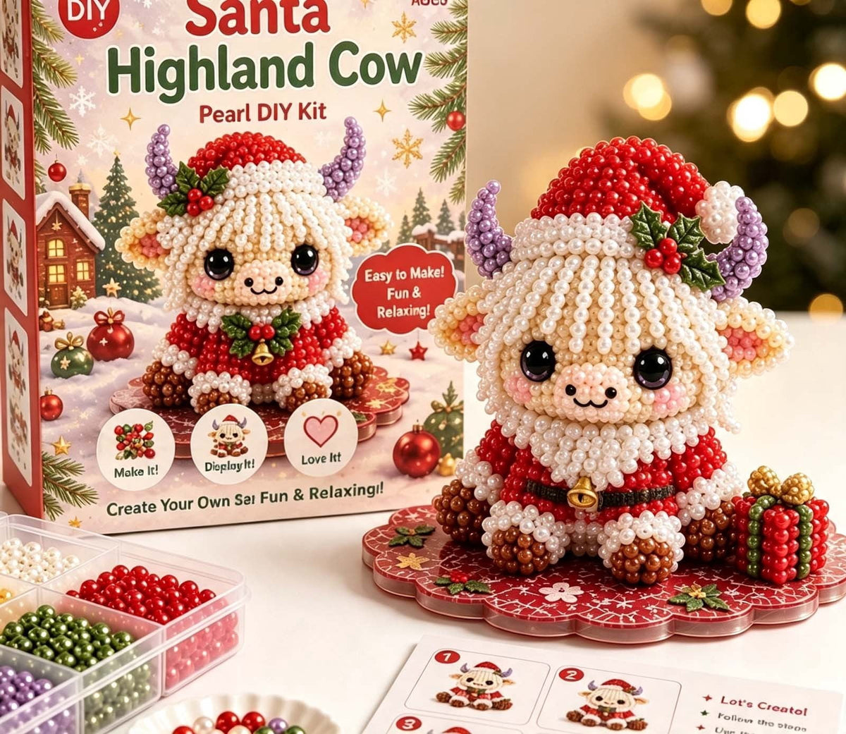 MYUNNIL Christmas Highland Cow 3D Pearl Bead Kit, Small Cute Beginner Friendly Complete Animal Themed Handcraft Set, Fun Whimsical Decorative Ornament for Home Decor & Holiday Gift, ( Xmas Tree )