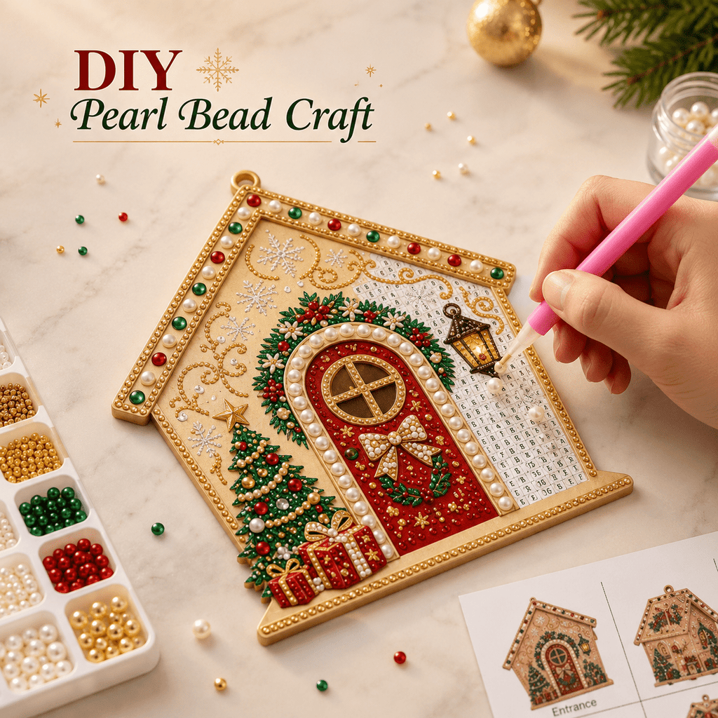 Christmas Pearl Bead Art Kit 3D House Ornament Craft Set For Christmas Tree Tabletop Mantel Shelf And Indoor Winter Holiday Decoration White