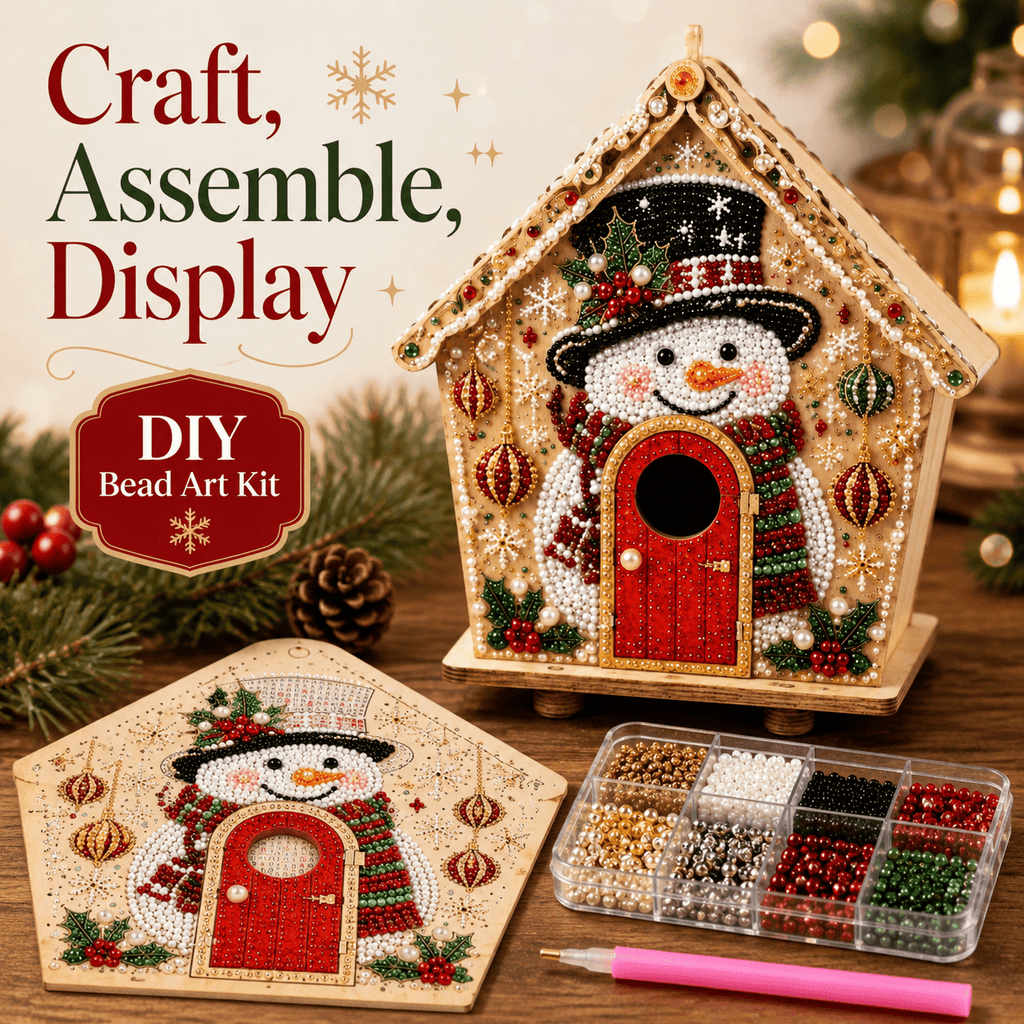 Christmas Pearl Bead Art Kit 3D House Ornament Craft Set For Christmas Tree Tabletop Mantel Shelf And Indoor Winter Holiday Decoration White