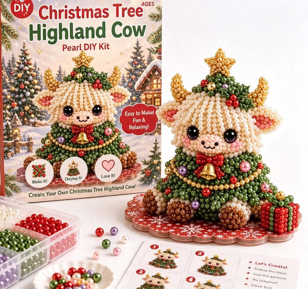 MYUNNIL Christmas Highland Cow 3D Pearl Bead Kit, Small Cute Beginner Friendly Complete Animal Themed Handcraft Set, Fun Whimsical Decorative Ornament for Home Decor & Holiday Gift, ( Xmas Tree )