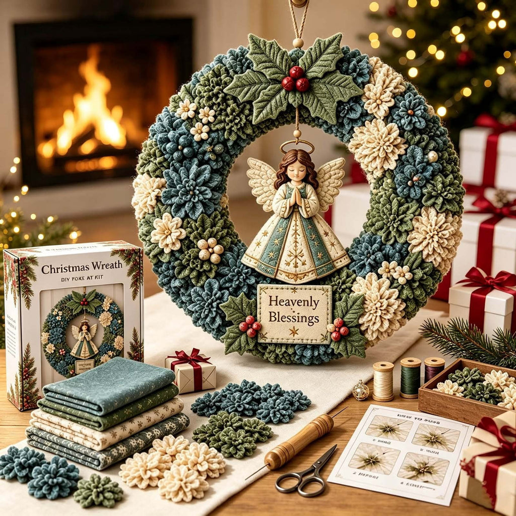 Clearance 3D Christmas Wreath Fabric Poke Art Kit, Jesus Poke Art Kits for Adults, Christmas Wreaths Ornament Making Kit for Front Door