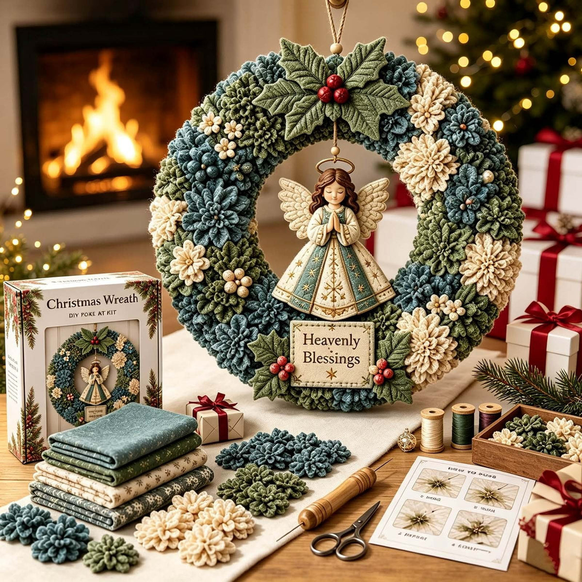 Clearance 3D Christmas Wreath Fabric Poke Art Kit, Jesus Poke Art Kits for Adults, Christmas Wreaths Ornament Making Kit for Front Door