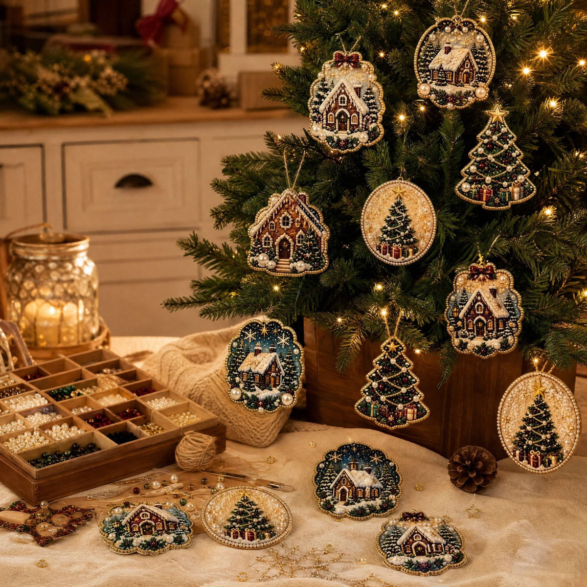 DIY Christmas Ornaments for Xmas Tree Hangings- Pearl Art Kits for Adults, Christmas Ornaments Set of 12, 2.76 Inch