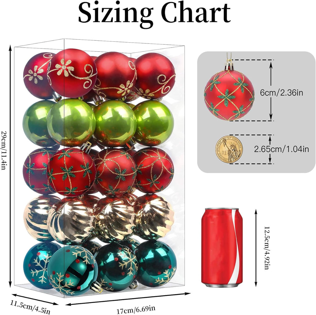 30ct Christmas Ball Ornaments, 2.36 in Shatterproof Xmas Tree Decorations, Plastic Baubles for Holiday, Party, Wedding, or Home Decor, Red & Gold