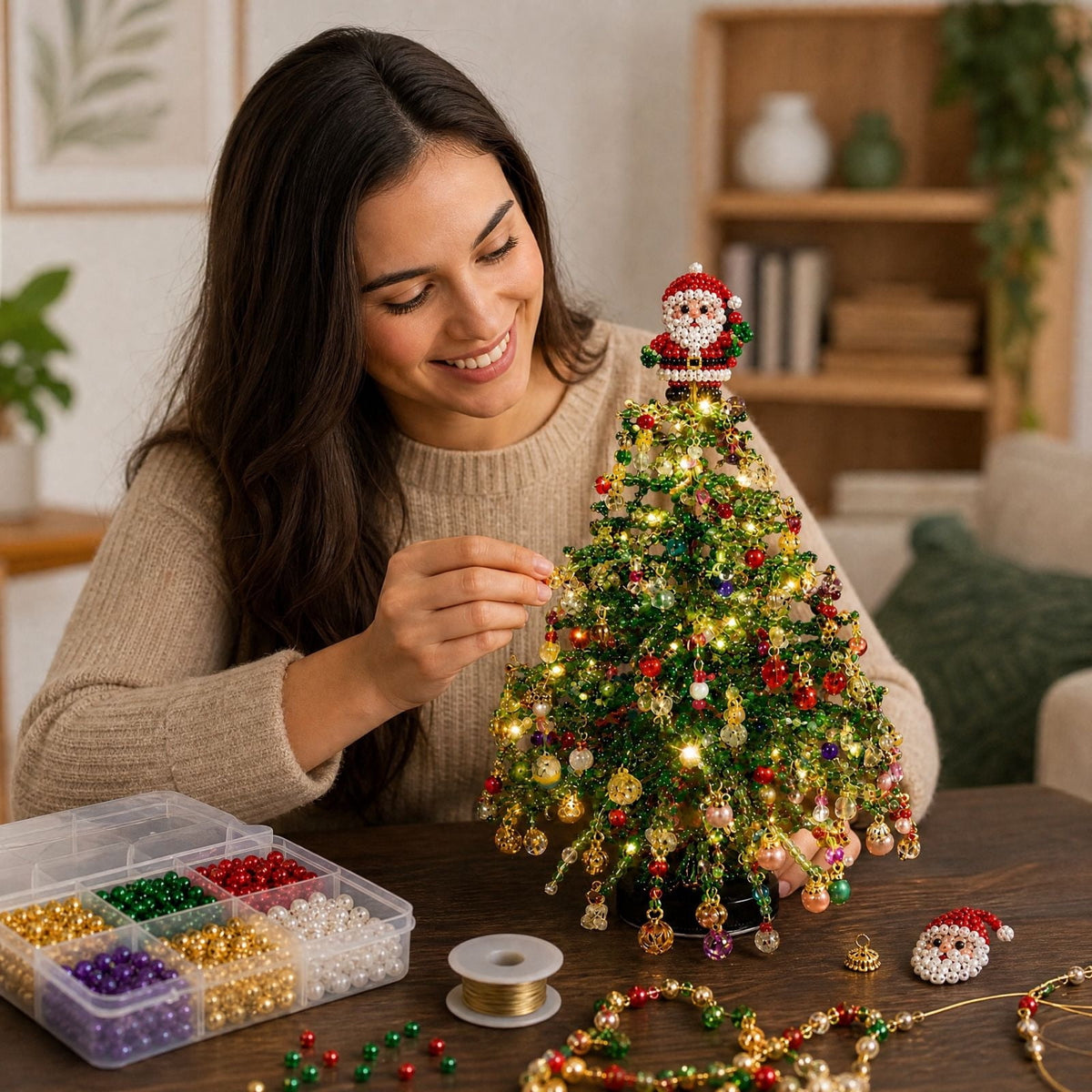 Clearance DIY Beaded Christmas Tree Kit, Crystal Holiday Craft Set for Adults, Colorful Beads, Ornament Charms, Metal Frame, Warm Glow Display, Tabletop Decor, Christmas Gift (Classic)
