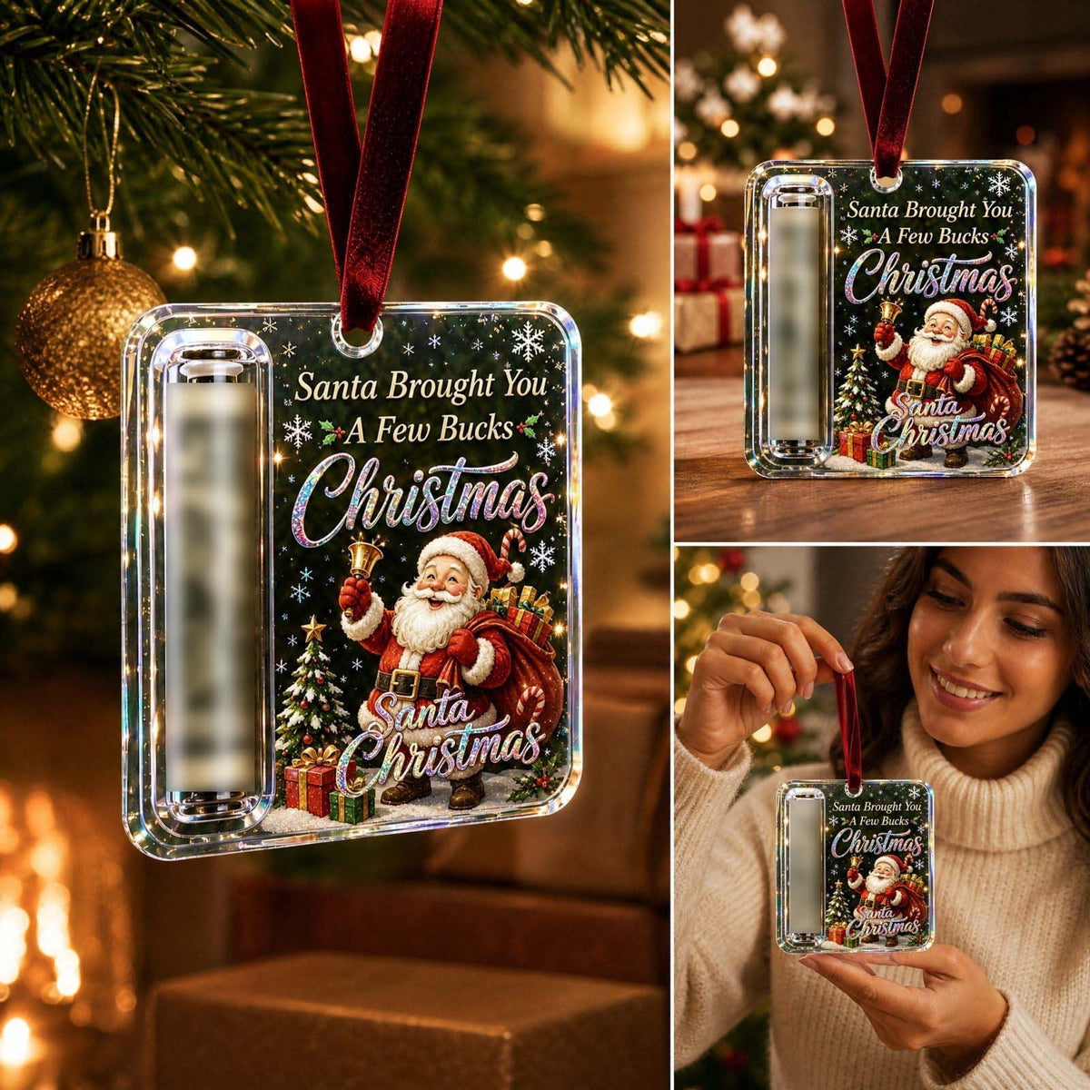 Christmas Cash Gift Stocking Shaped Ornament, Crystal-Clear Cash Holder Ornament with Xmas Stocking Design, Hanging Money Keepsake for Christmas Tree Wreath Garland, Surprise for Family Friends (F)