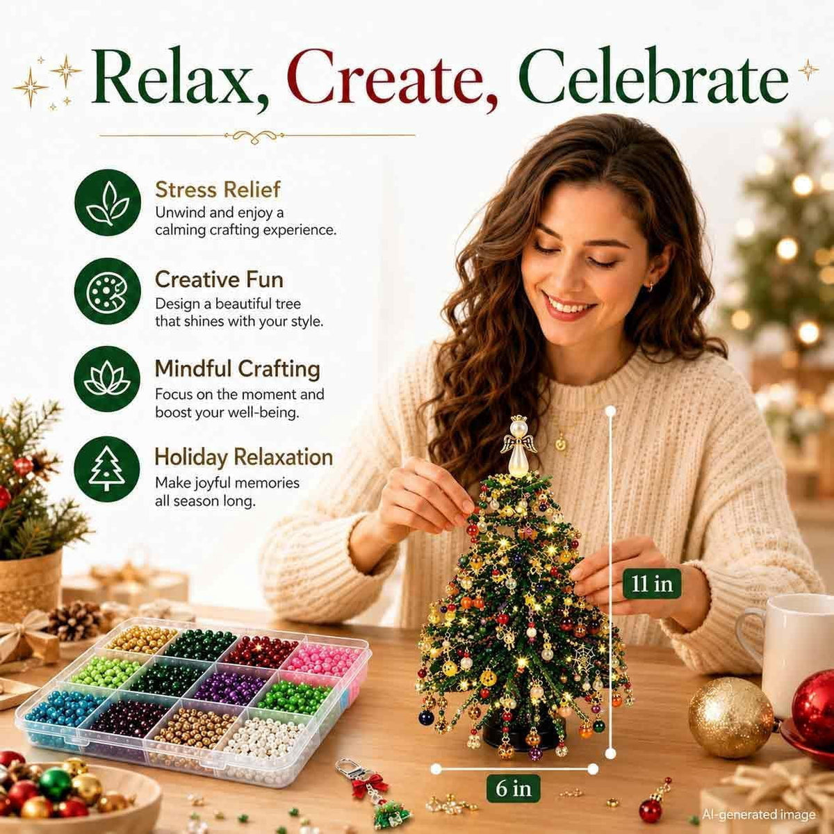 2026 New DIY Beaded Christmas Tree Kit, 3D Crystal Bead and Pearl Craft Set for Adults with Metal Frame, Sparkling Tabletop Christmas Decor, Holiday Gift