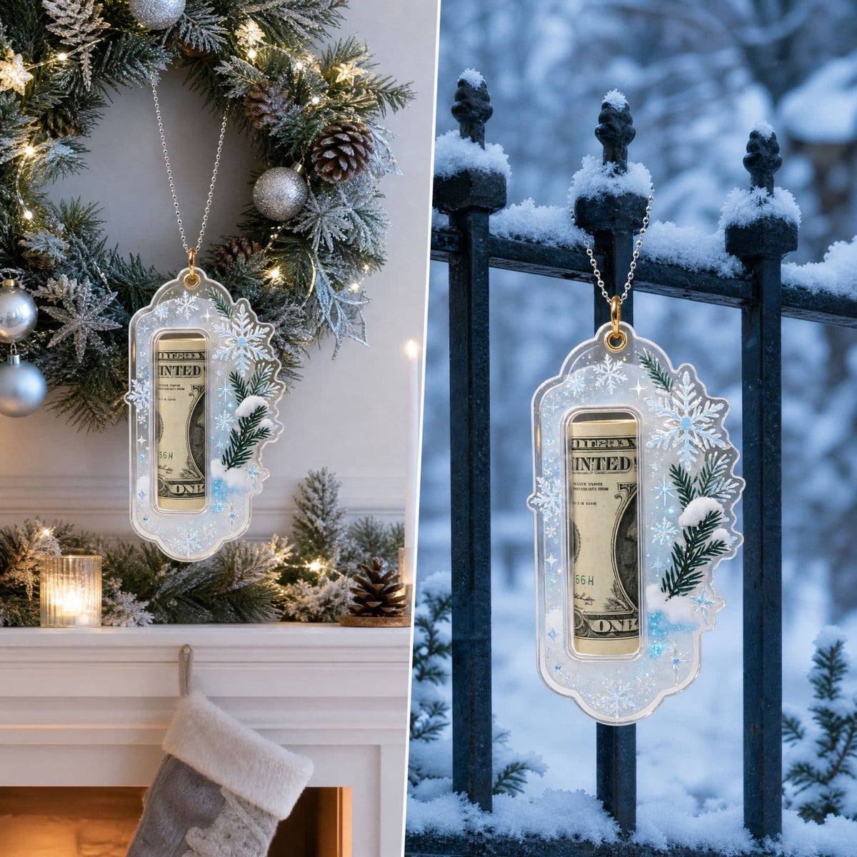 Christmas Cash Gift Stocking Shaped Ornament, Crystal-Clear Cash Holder Ornament with Xmas Stocking Design, Hanging Money Keepsake for Christmas Tree Wreath Garland, Surprise for Family Friends (F)