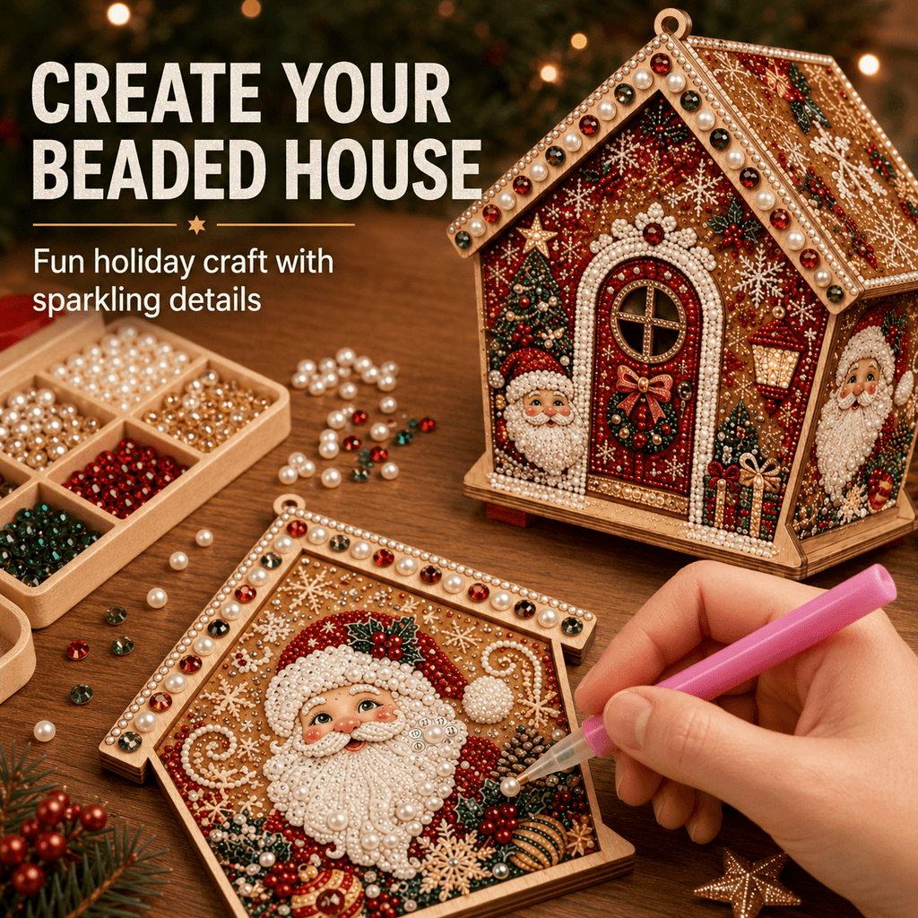 Christmas Pearl Bead Art Kit 3D House Ornament Craft Set For Christmas Tree Tabletop Mantel Shelf And Indoor Winter Holiday Decoration White