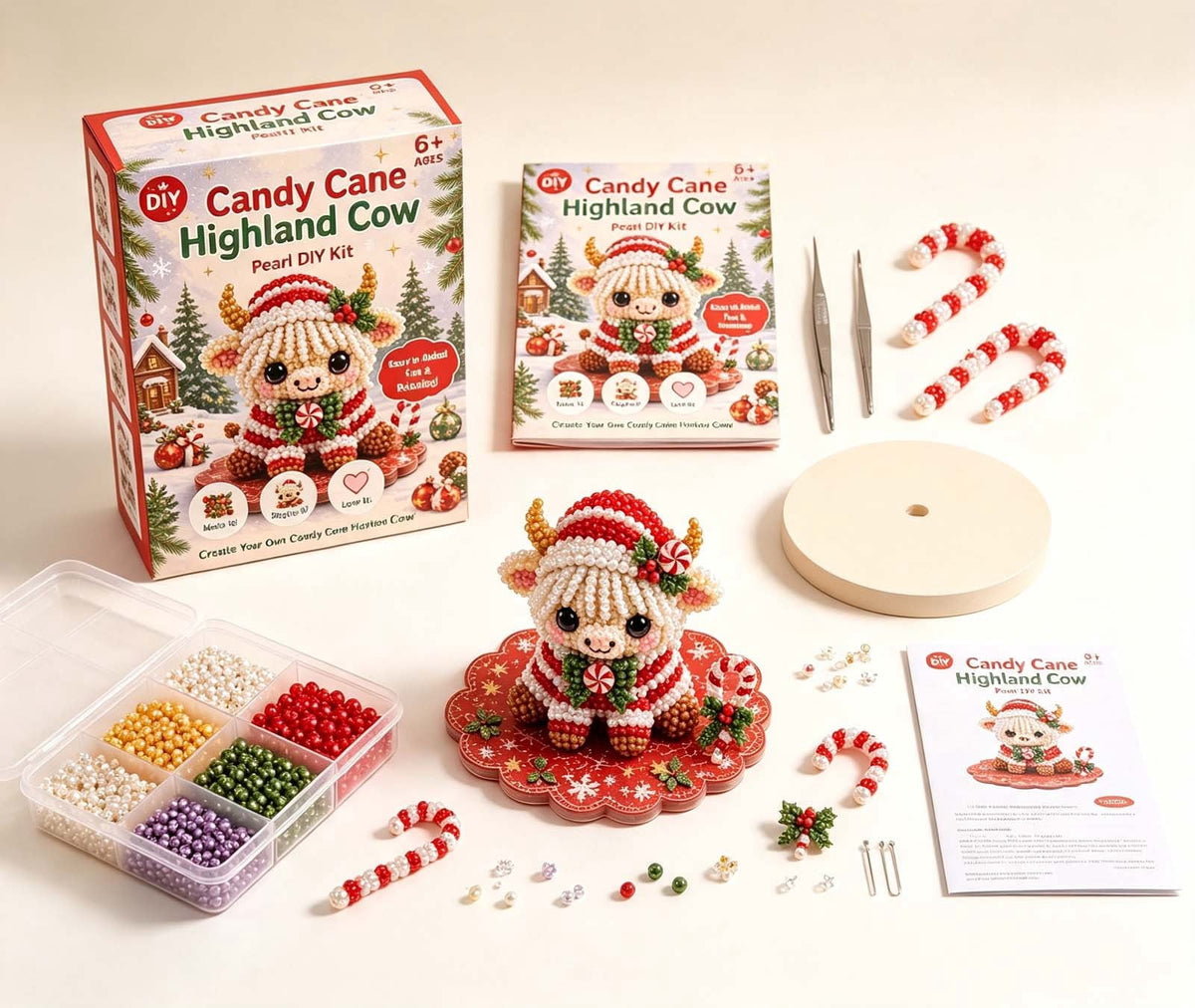 MYUNNIL Christmas Highland Cow 3D Pearl Bead Kit, Small Cute Beginner Friendly Complete Animal Themed Handcraft Set, Fun Whimsical Decorative Ornament for Home Decor & Holiday Gift, ( Xmas Tree )