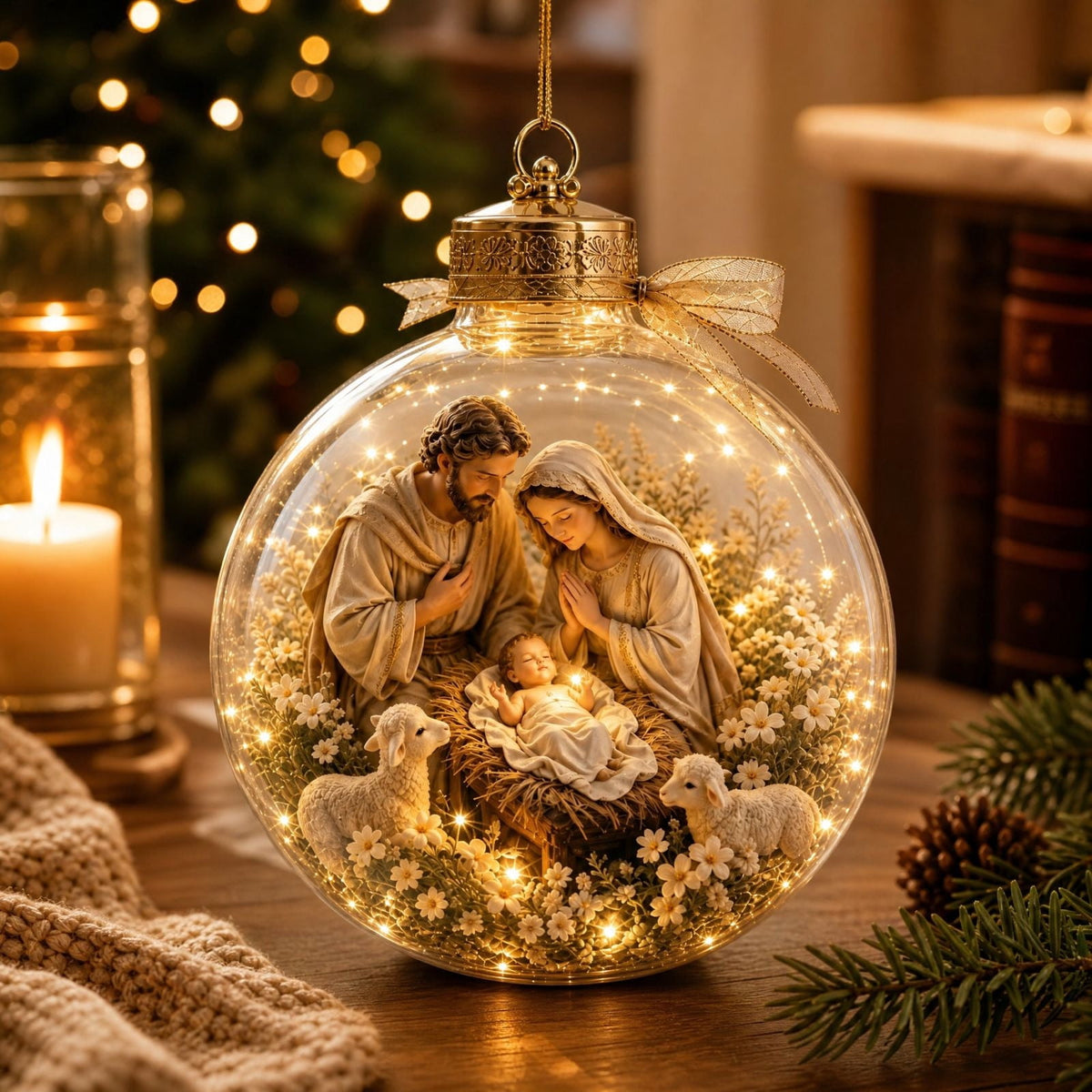 Glowing Christmas Story Ornament, Light-Up Mini Holiday Scene, Festive Keepsake for Christmas Tree, Mantel & Christmas Party Decor (Nativity)