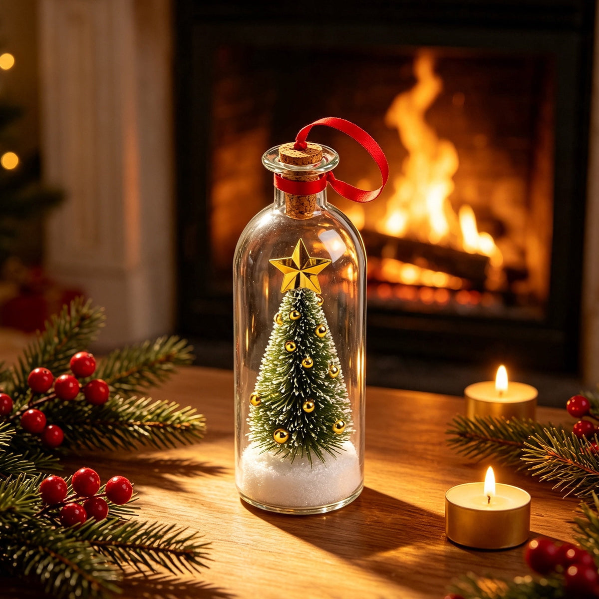 JASKFLY Recordable Christmas Tree Message in a Bottle, Voice Recording Holiday Keepsake with Playback, Snowy Scene, Glass, Green, 1 Count