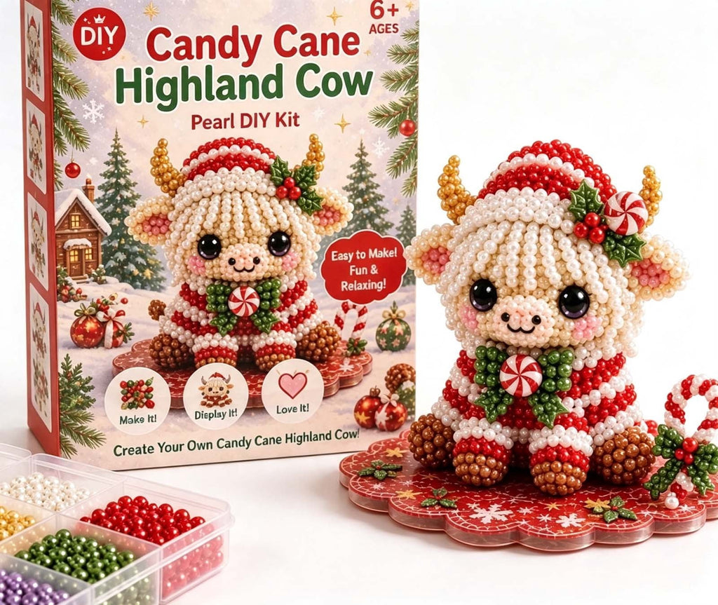 MYUNNIL Christmas Highland Cow 3D Pearl Bead Kit, Small Cute Beginner Friendly Complete Animal Themed Handcraft Set, Fun Whimsical Decorative Ornament for Home Decor & Holiday Gift, ( Xmas Tree )