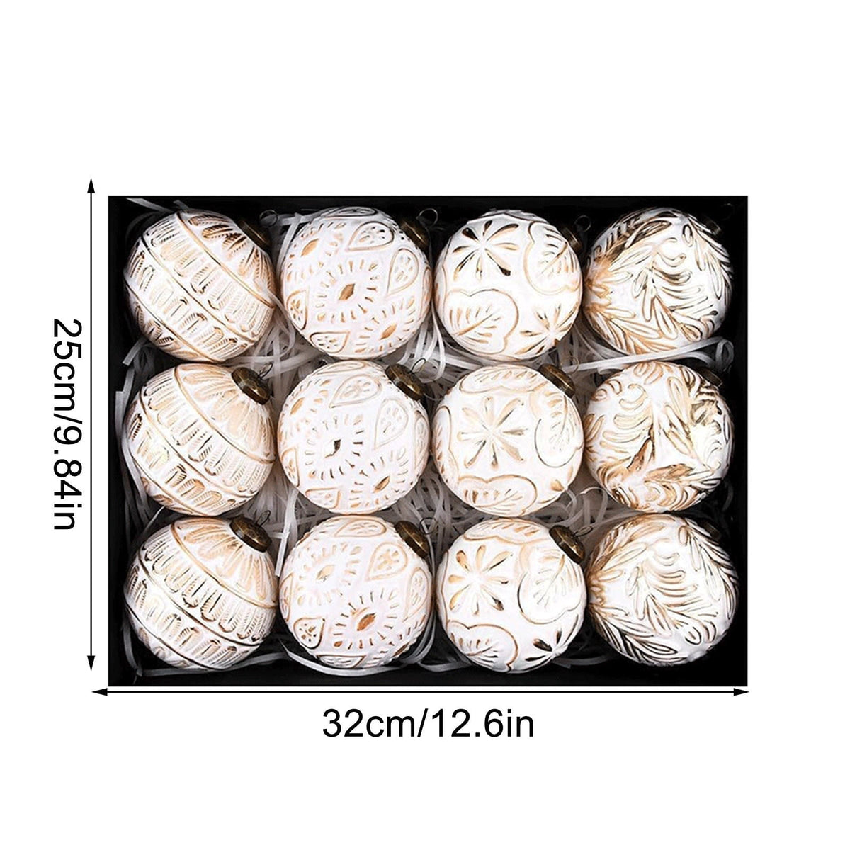Christmas Ornaments, 12PCS White and Gold Embossed Christmas Balls Hanging Decorations for Tree Garland Wreath Indoor Outdoor Holiday Party Decor