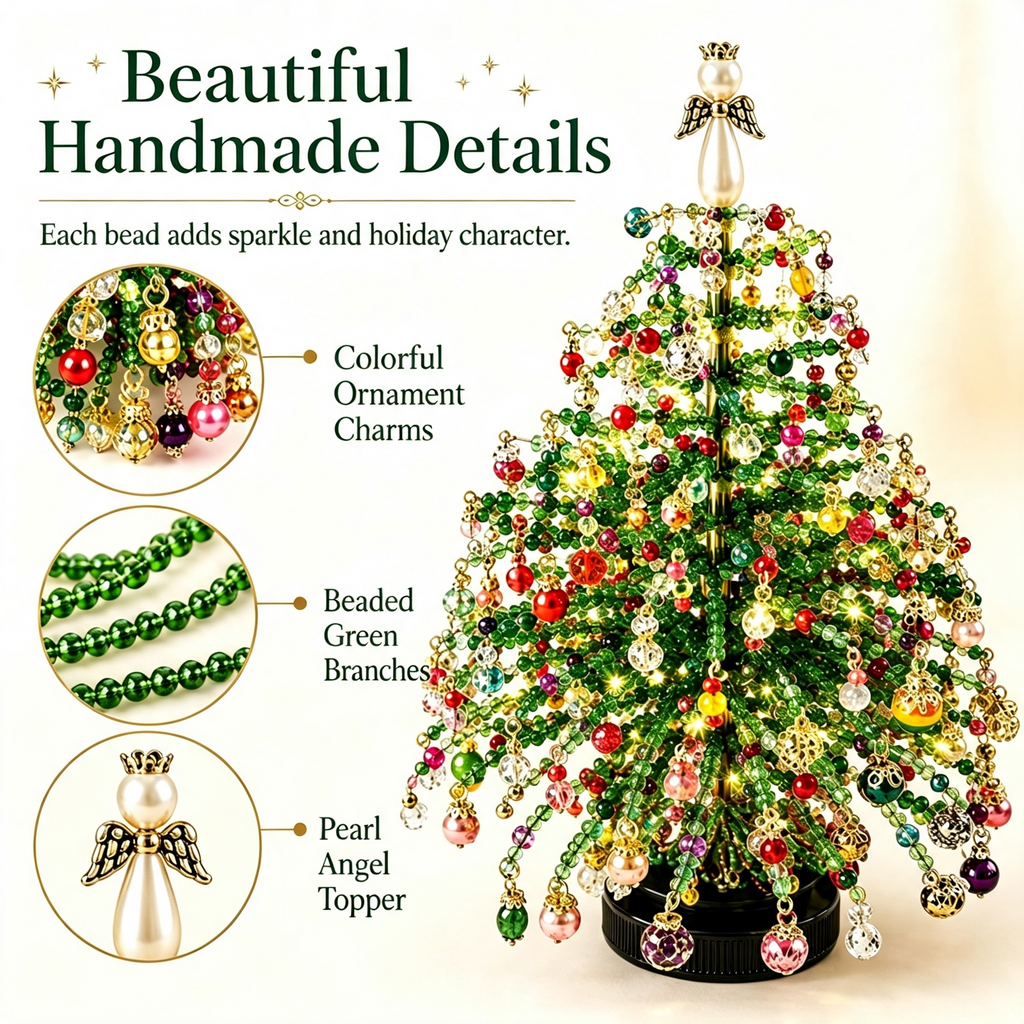 Clearance DIY Beaded Christmas Tree Kit, Crystal Holiday Craft Set for Adults, Colorful Beads, Ornament Charms, Metal Frame, Warm Glow Display, Tabletop Decor, Christmas Gift (Classic)