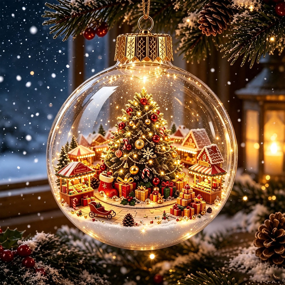 Glowing Christmas Scene Ornament Clearance, 3.15 Inch Light Up Mini Holiday Bauble with Warm LED, Xmas Tree Hanging Decor for Window Mantel Shelf