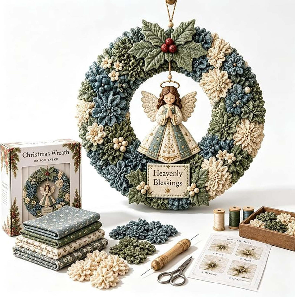 Clearance 3D Christmas Wreath Fabric Poke Art Kit, Jesus Poke Art Kits for Adults, Christmas Wreaths Ornament Making Kit for Front Door