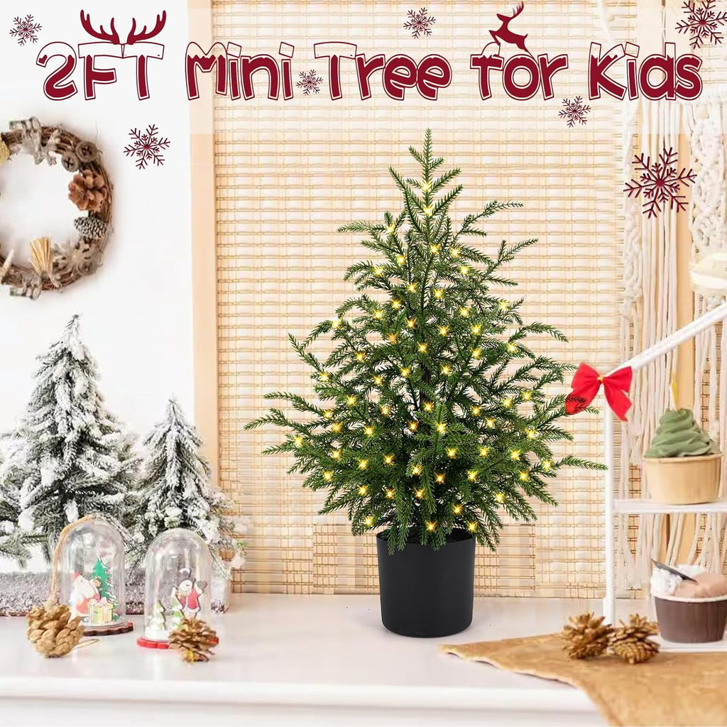 2FT Pre-Lit Artificial Christmas Tree, Lifelike Cypress Potted Xmas Tree with 100 Twinkle LED Lights for Family Fun Indoor Holiday Decor for Indoor