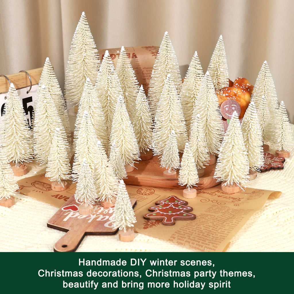 Ayieyill 30PCS Artificial Mini Christmas Trees, Upgrade Sisal Pine Trees with Wood Base Bottle Brush Trees for Christmas Table Top Decor(Green, Gold and Ivory)