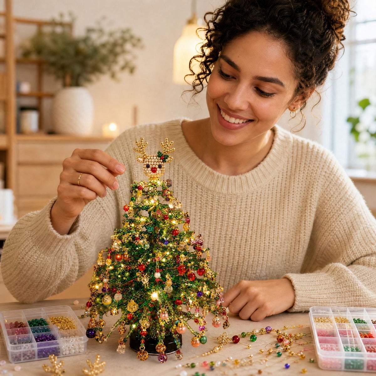 Clearance DIY Beaded Christmas Tree Kit, Crystal Holiday Craft Set for Adults, Colorful Beads, Ornament Charms, Metal Frame, Warm Glow Display, Tabletop Decor, Christmas Gift (Classic)