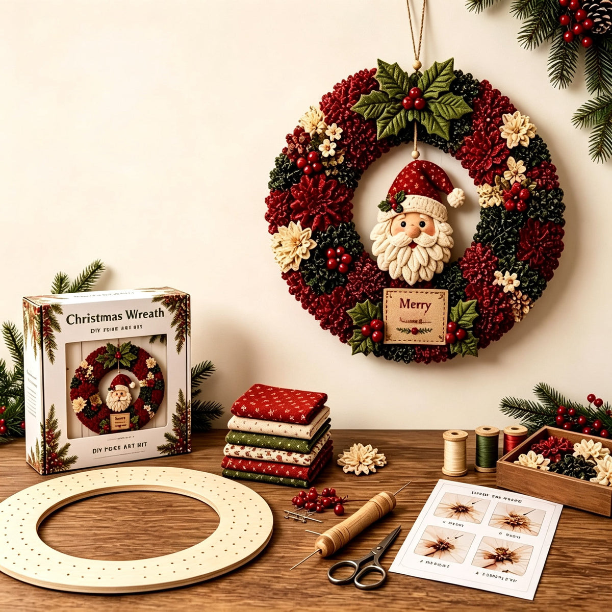 Clearance 3D Christmas Wreath Fabric Poke Art Kit, Jesus Poke Art Kits for Adults, Christmas Wreaths Ornament Making Kit for Front Door