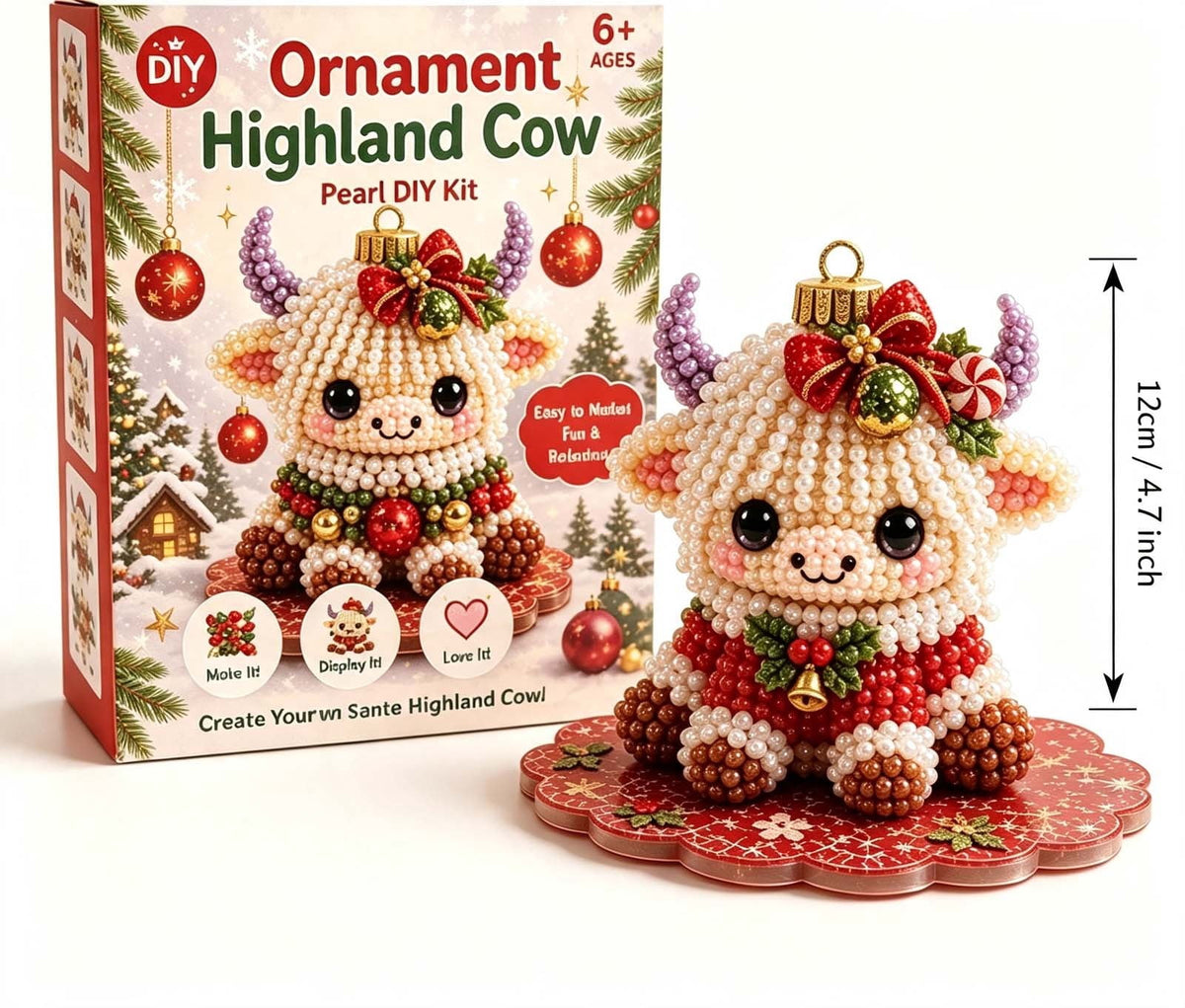 MYUNNIL Christmas Highland Cow 3D Pearl Bead Kit, Small Cute Beginner Friendly Complete Animal Themed Handcraft Set, Fun Whimsical Decorative Ornament for Home Decor & Holiday Gift, ( Xmas Tree )