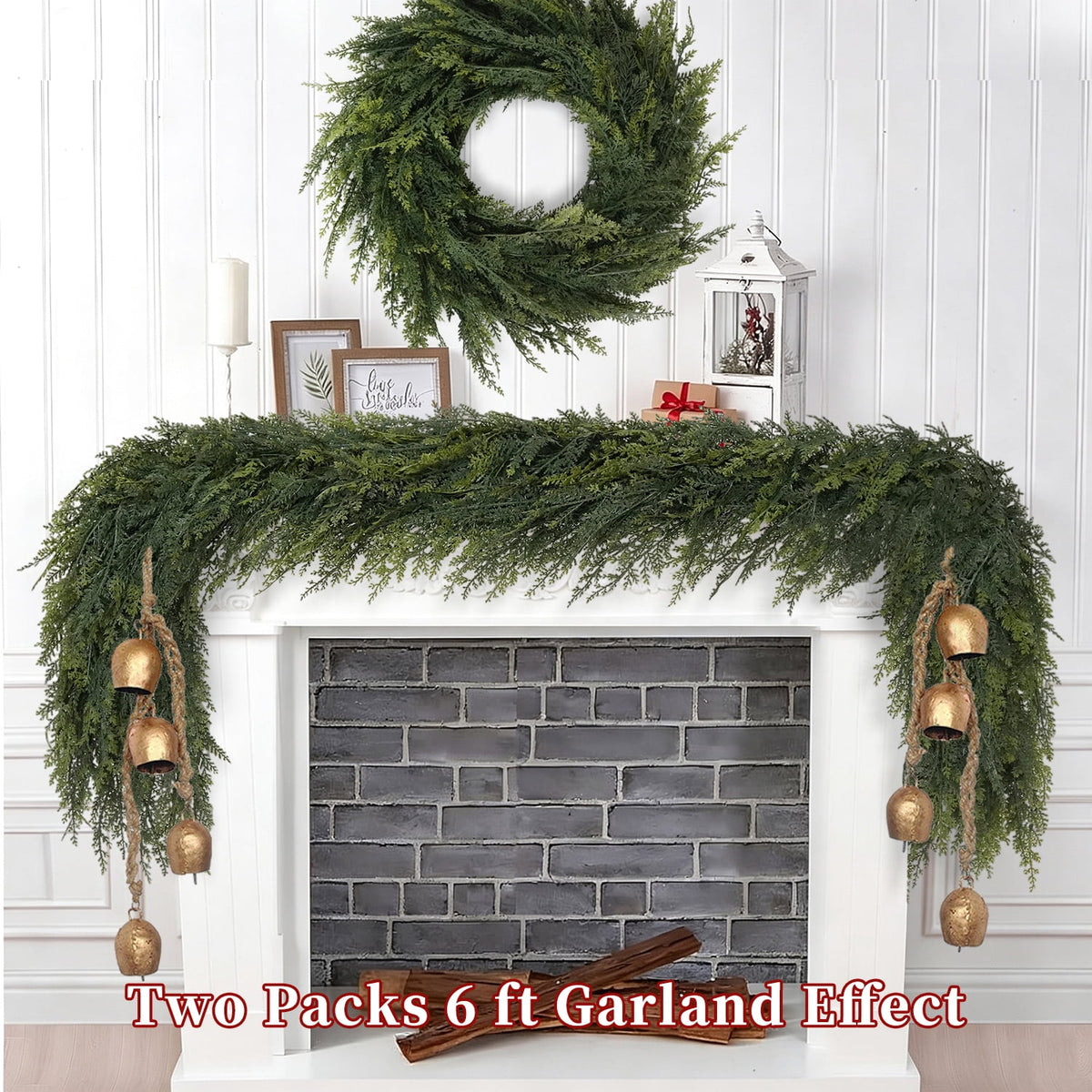 2 Pcs 6Ft Christmas Garland, Realistic Cedar Cypress Pine Greenery Garland Faux Christmas Decorations for Mantle, Fireplace, Table, Stairs, Doors, Porch, Indoor Outdoor Christmas Decor