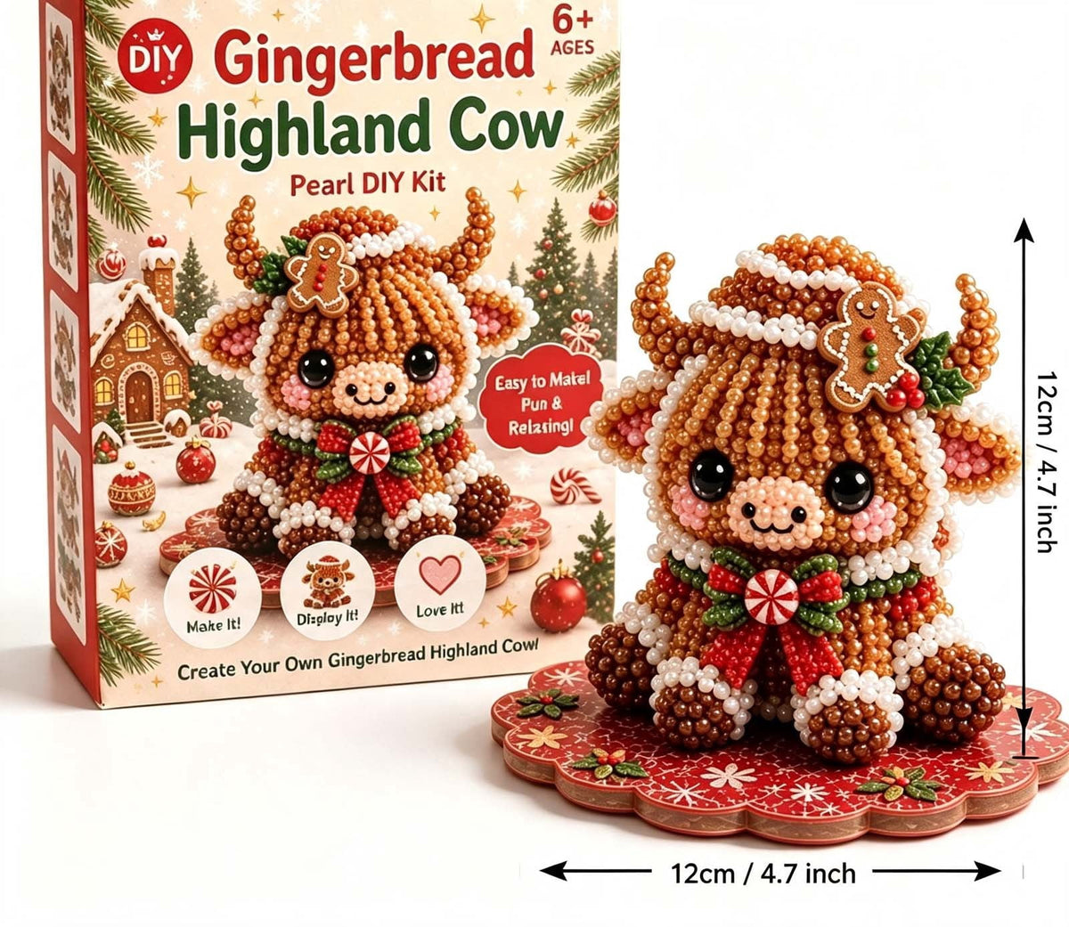 MYUNNIL Christmas Highland Cow 3D Pearl Bead Kit, Small Cute Beginner Friendly Complete Animal Themed Handcraft Set, Fun Whimsical Decorative Ornament for Home Decor & Holiday Gift, ( Xmas Tree )