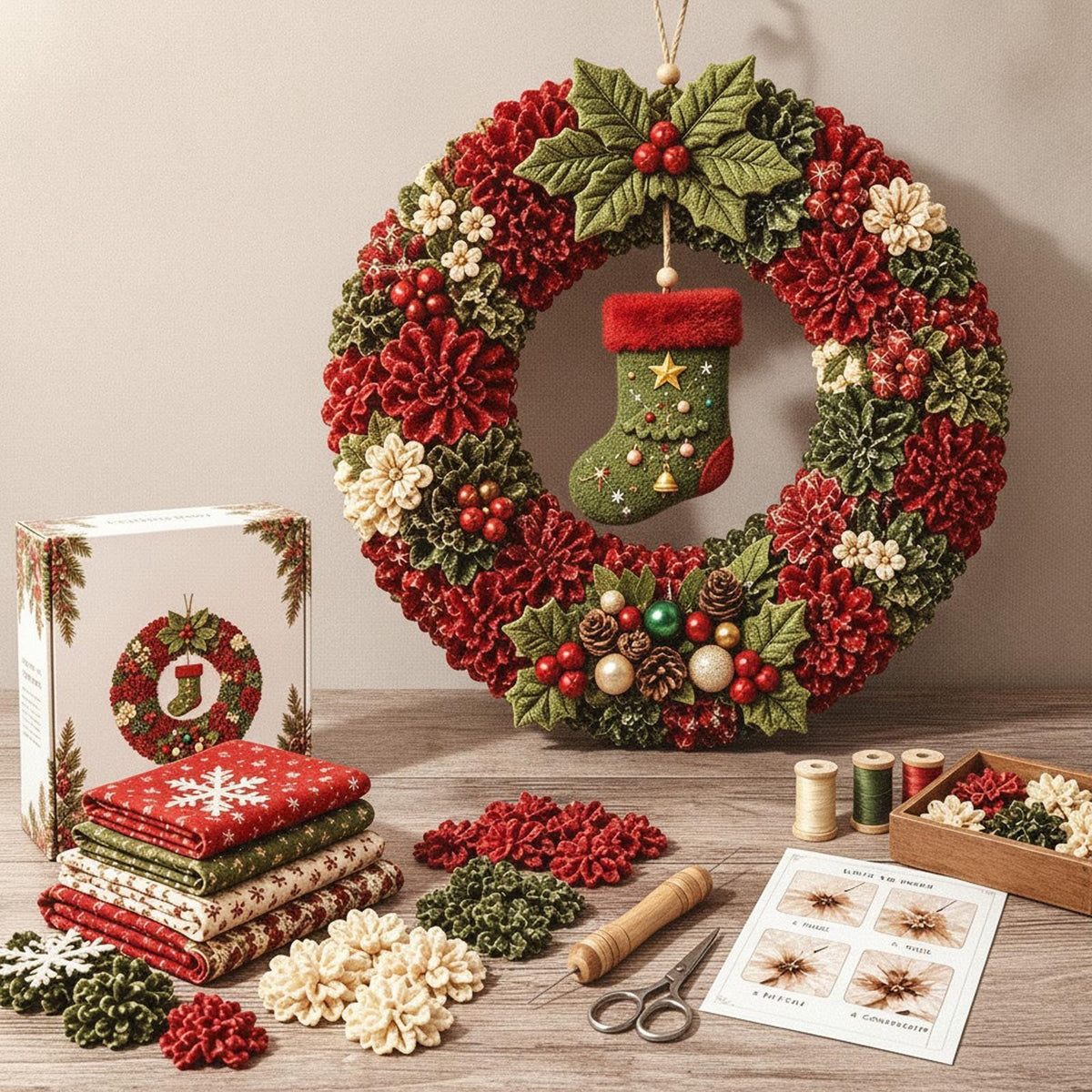 Clearance 3D Christmas Wreath Fabric Poke Art Kit, Jesus Poke Art Kits for Adults, Christmas Wreaths Ornament Making Kit for Front Door