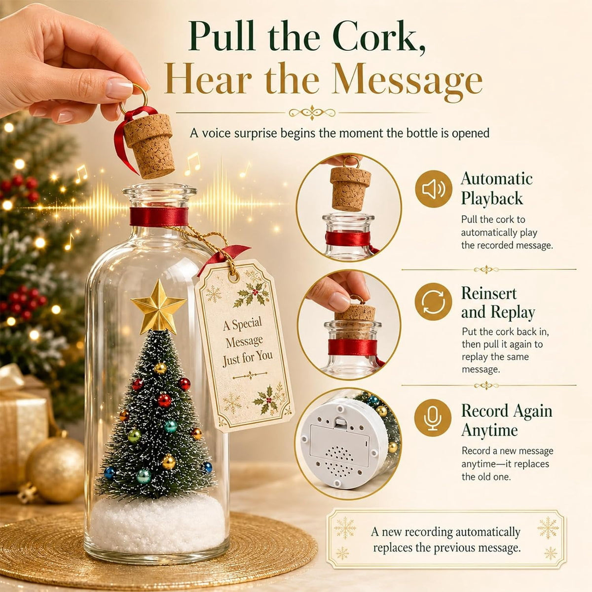 JASKFLY Recordable Christmas Tree Message in a Bottle, Voice Recording Holiday Keepsake with Playback, Snowy Scene, Glass, Green, 1 Count