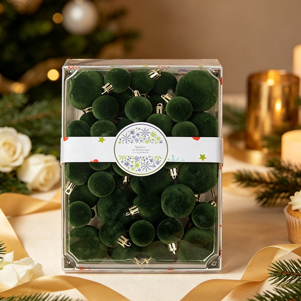 Christmas Ball Ornaments 42 Piece Flocked Gold Tan Velvet Assorted Box Set Tree Hanging Baubles