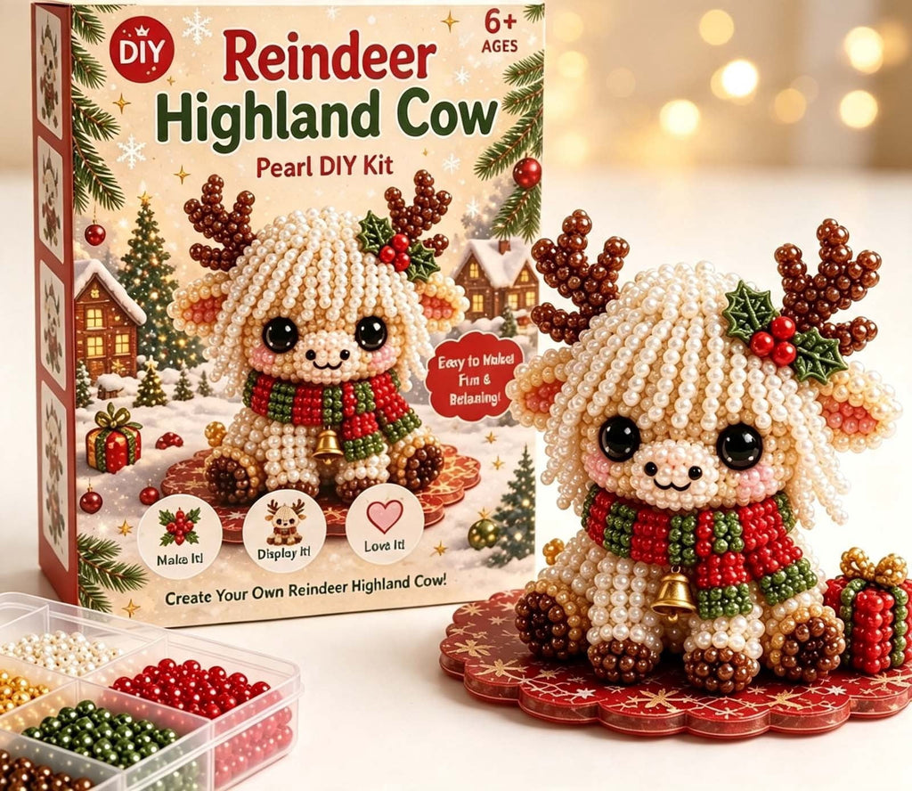 MYUNNIL Christmas Highland Cow 3D Pearl Bead Kit, Small Cute Beginner Friendly Complete Animal Themed Handcraft Set, Fun Whimsical Decorative Ornament for Home Decor & Holiday Gift, ( Xmas Tree )