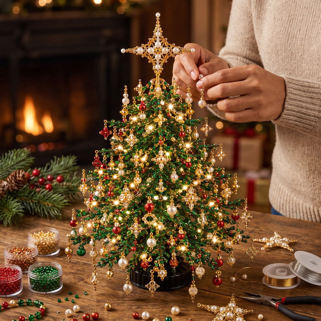 Clearance DIY Beaded Christmas Tree Kit, Crystal Holiday Craft Set for Adults, Colorful Beads, Ornament Charms, Metal Frame, Warm Glow Display, Tabletop Decor, Christmas Gift (Classic)