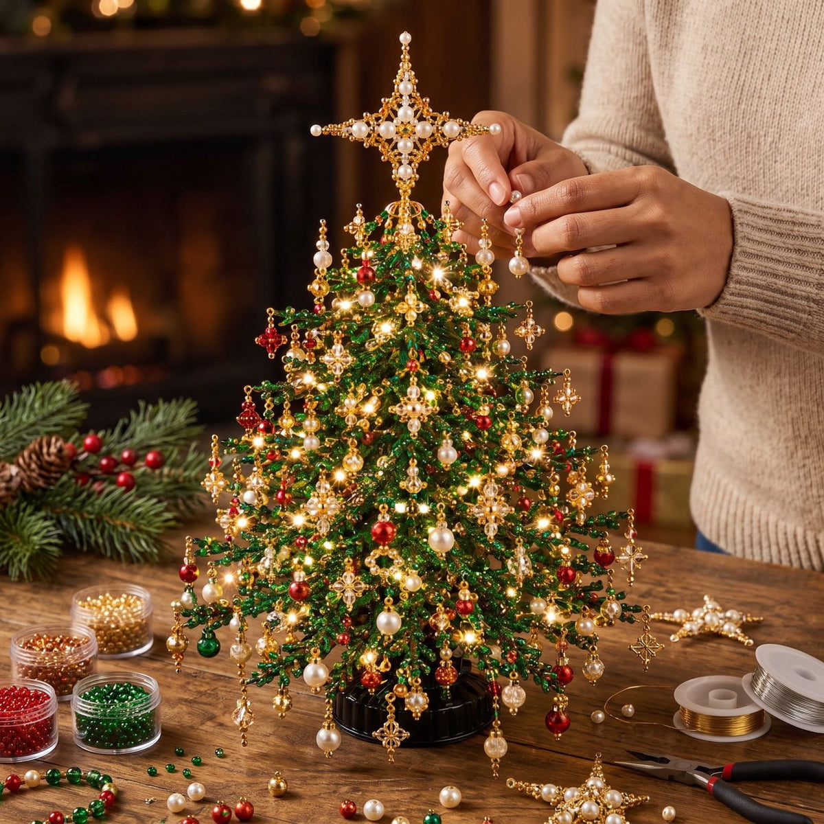 Clearance DIY Beaded Christmas Tree Kit, Crystal Holiday Craft Set for Adults, Colorful Beads, Ornament Charms, Metal Frame, Warm Glow Display, Tabletop Decor, Christmas Gift (Classic)