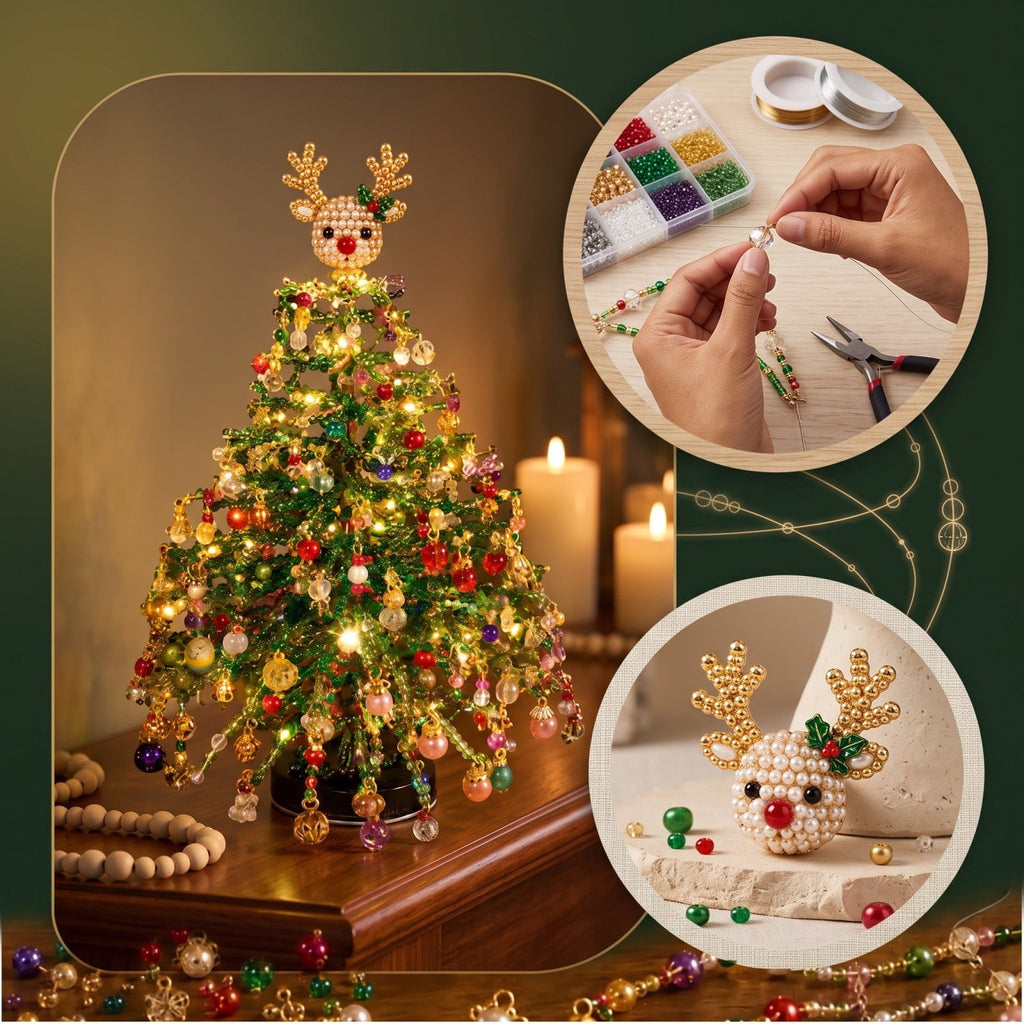 Clearance DIY Beaded Christmas Tree Kit, Crystal Holiday Craft Set for Adults, Colorful Beads, Ornament Charms, Metal Frame, Warm Glow Display, Tabletop Decor, Christmas Gift (Classic)