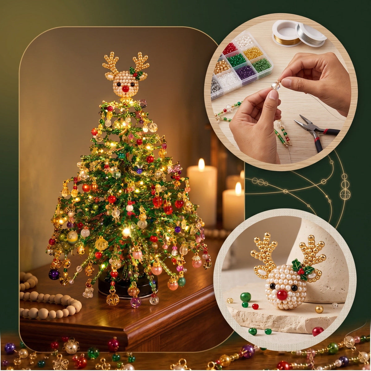 Clearance DIY Beaded Christmas Tree Kit, Crystal Holiday Craft Set for Adults, Colorful Beads, Ornament Charms, Metal Frame, Warm Glow Display, Tabletop Decor, Christmas Gift (Classic)