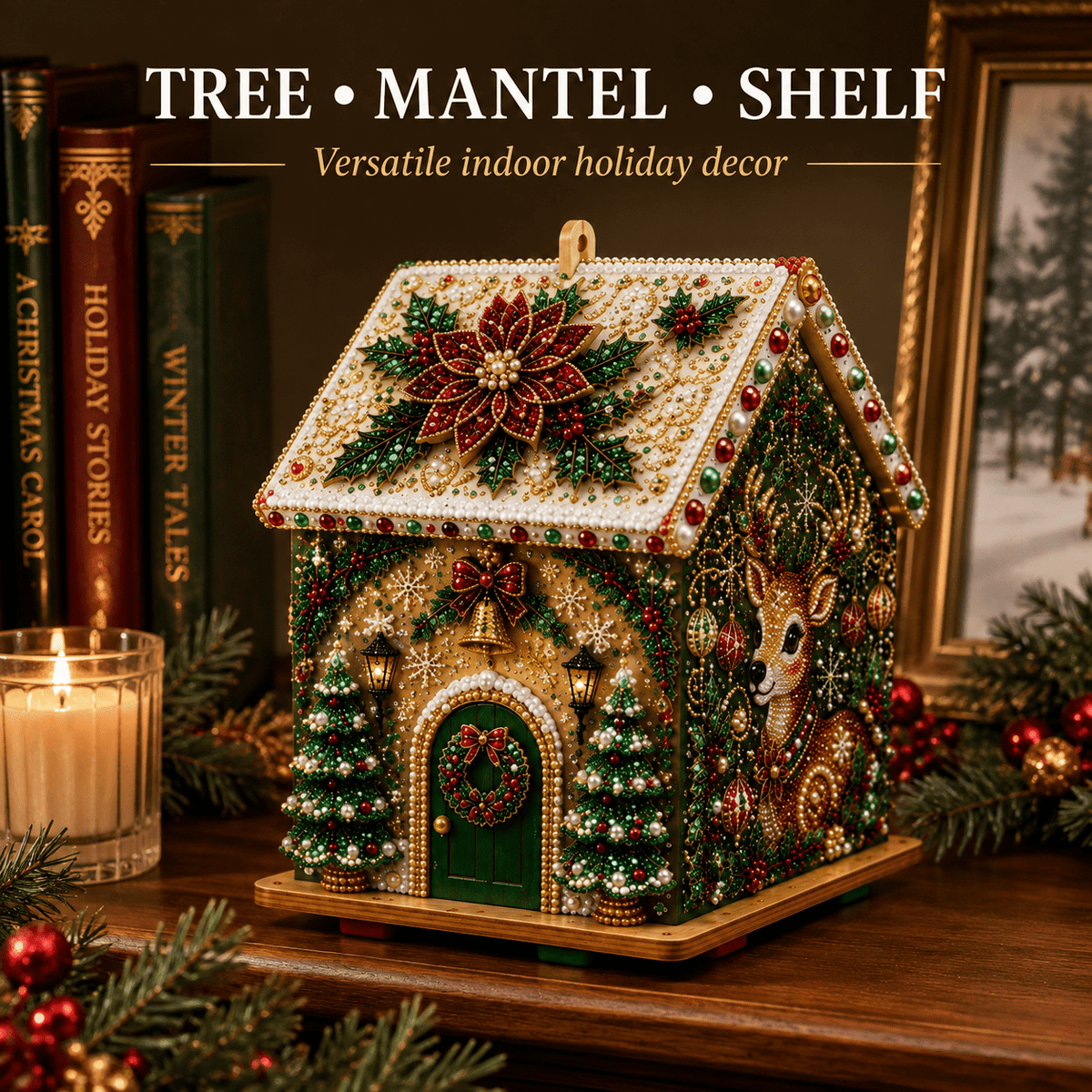 Christmas Pearl Bead Art Kit 3D House Ornament Craft Set For Christmas Tree Tabletop Mantel Shelf And Indoor Winter Holiday Decoration White