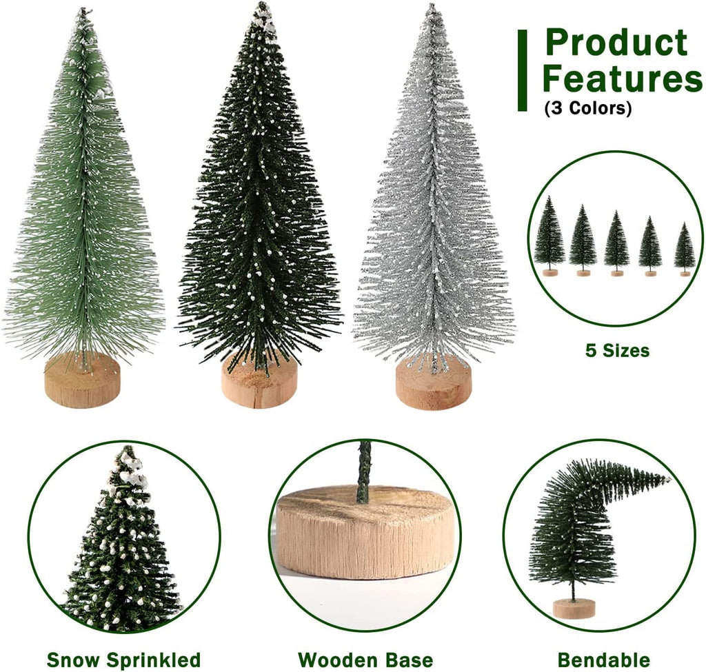 Ayieyill 30PCS Artificial Mini Christmas Trees, Upgrade Sisal Pine Trees with Wood Base Bottle Brush Trees for Christmas Table Top Decor(Green, Gold and Ivory)