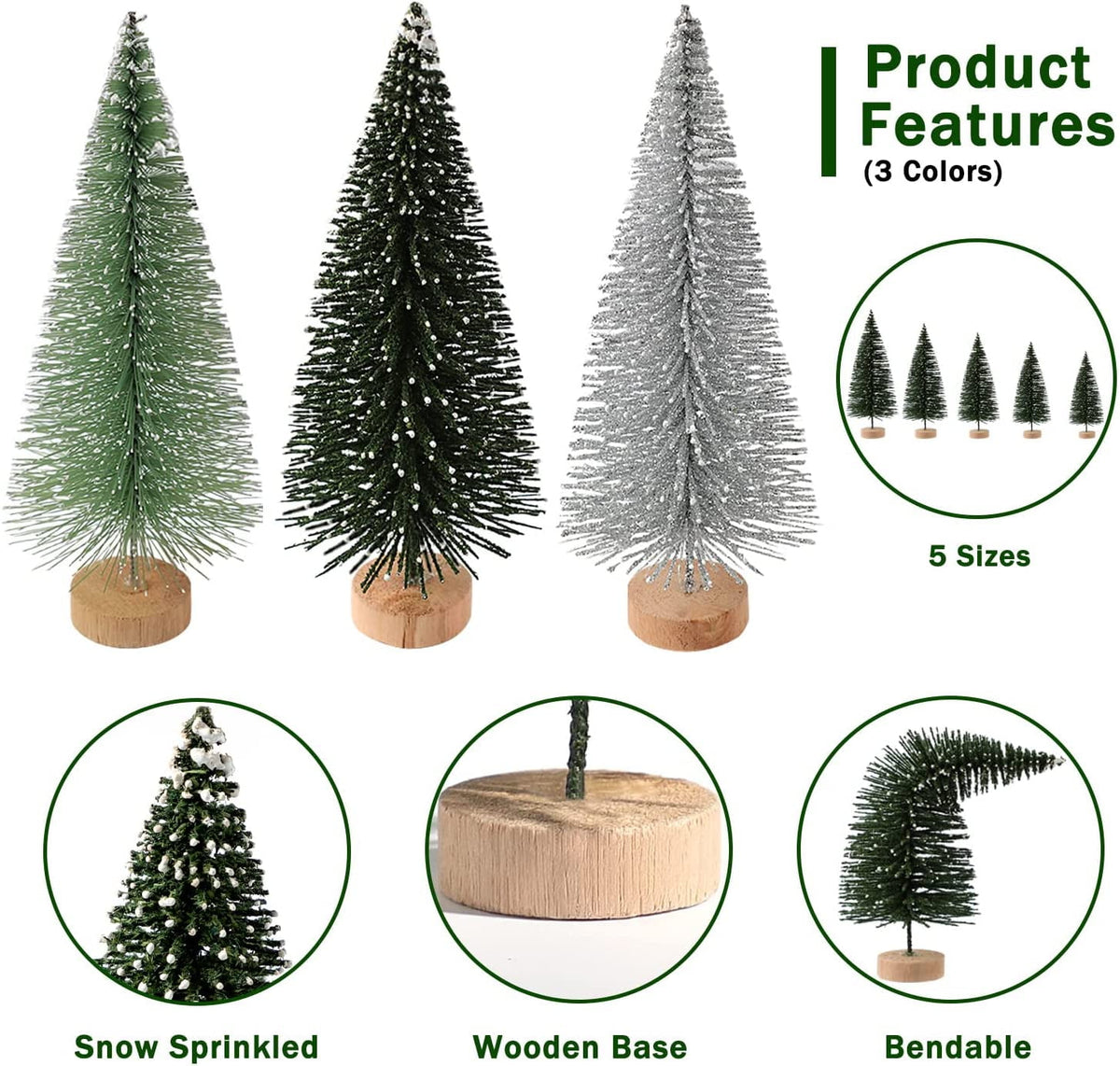 Ayieyill 30PCS Artificial Mini Christmas Trees, Upgrade Sisal Pine Trees with Wood Base Bottle Brush Trees for Christmas Table Top Decor(Green, Gold and Ivory)