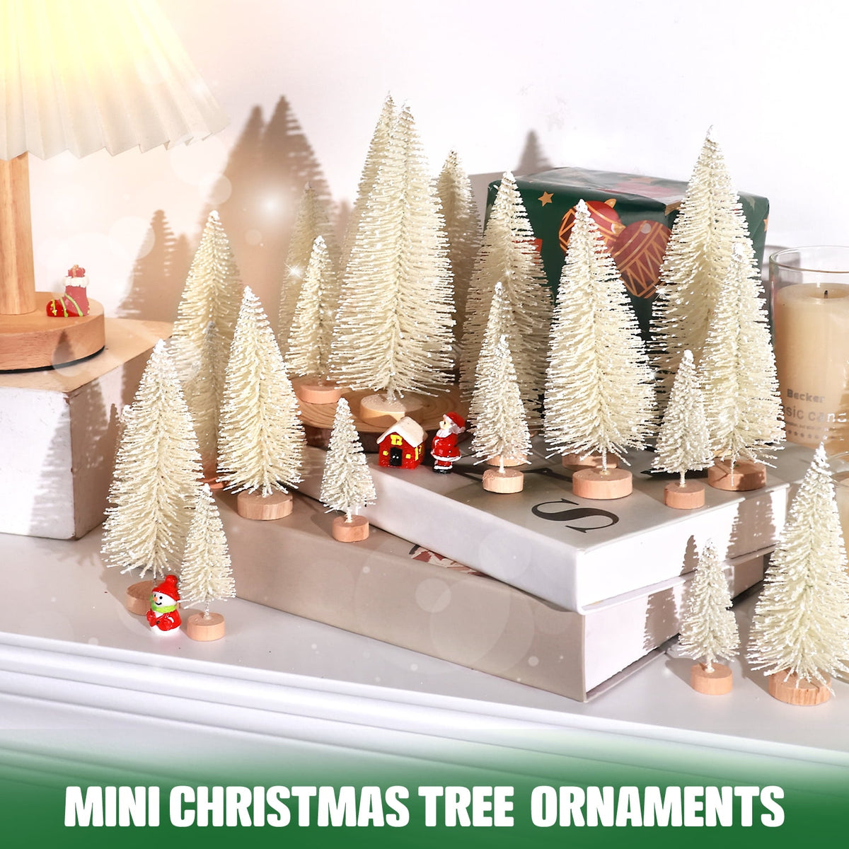 Ayieyill 30PCS Artificial Mini Christmas Trees, Upgrade Sisal Pine Trees with Wood Base Bottle Brush Trees for Christmas Table Top Decor(Green, Gold and Ivory)