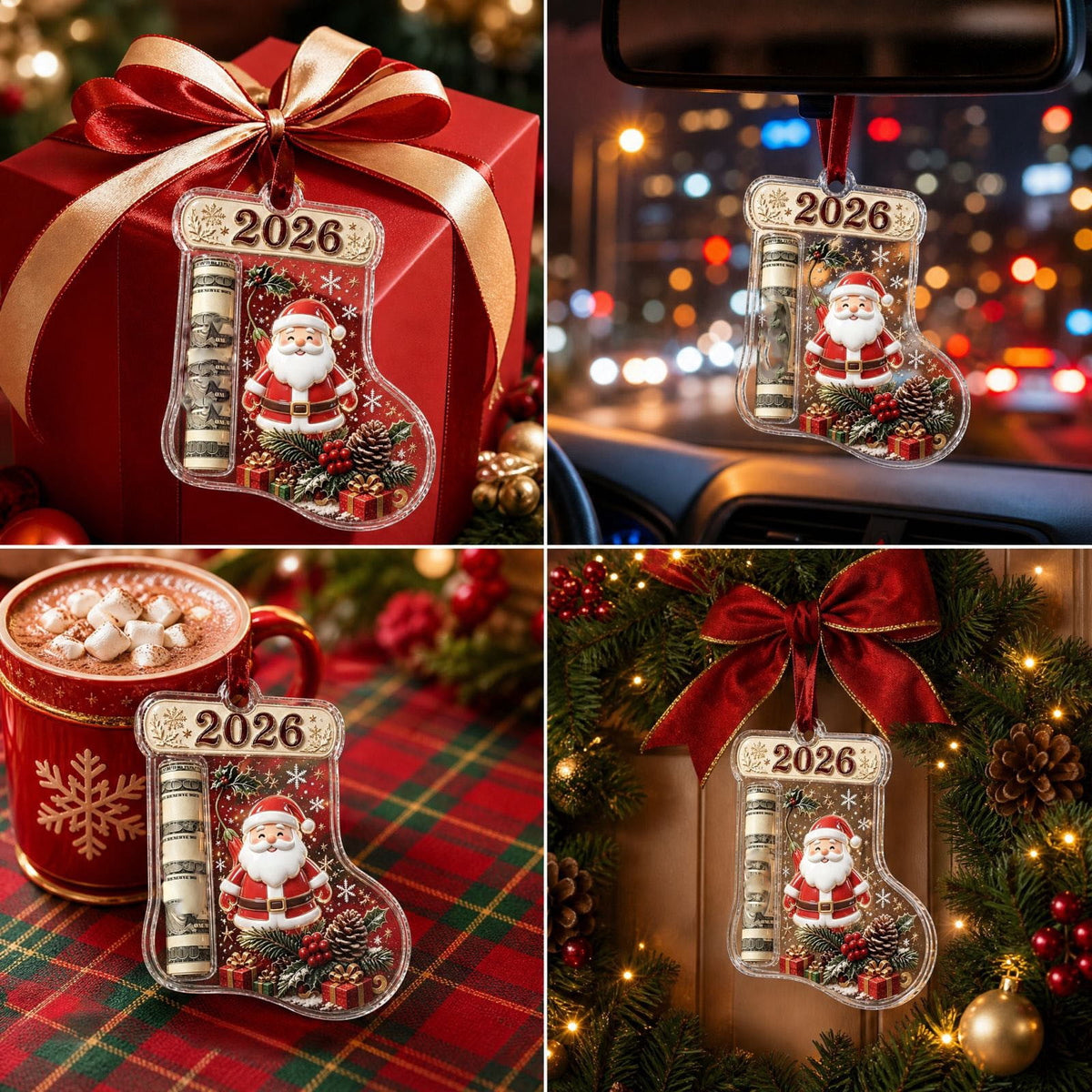 Christmas Cash Gift Stocking Shaped Ornament, Crystal-Clear Cash Holder Ornament with Xmas Stocking Design, Hanging Money Keepsake for Christmas Tree Wreath Garland, Surprise for Family Friends (F)